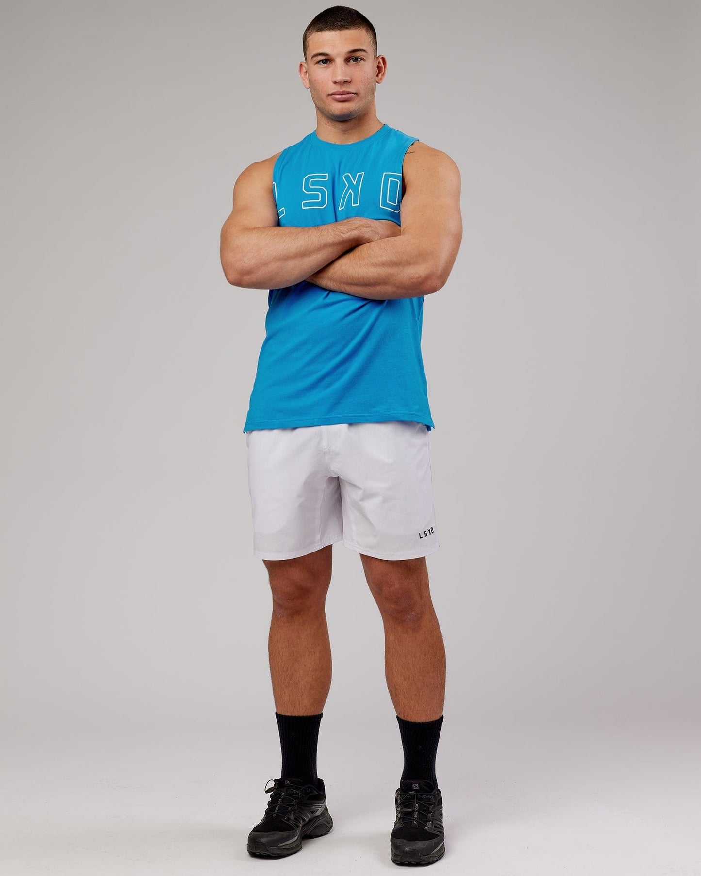 Model wearing Expand FLXCotton Training Fit Tank - Ibiza Blue