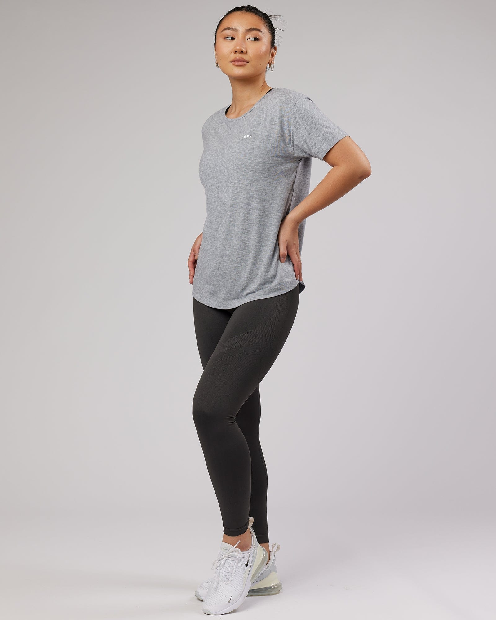 Model wearing Air Slouch Tee - Lt Grey Marl