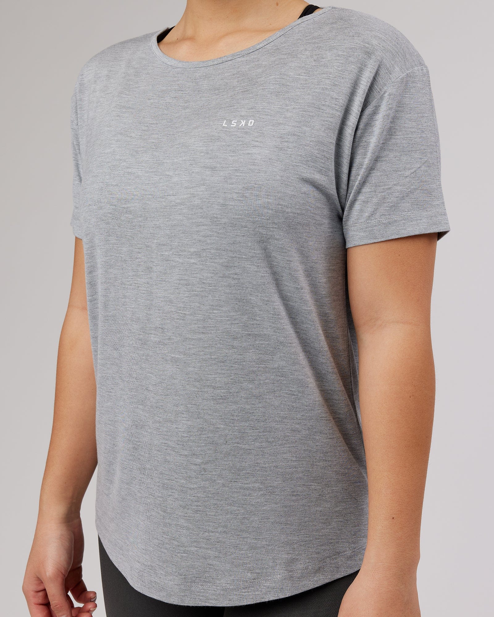 Model wearing Air Slouch Tee - Lt Grey Marl