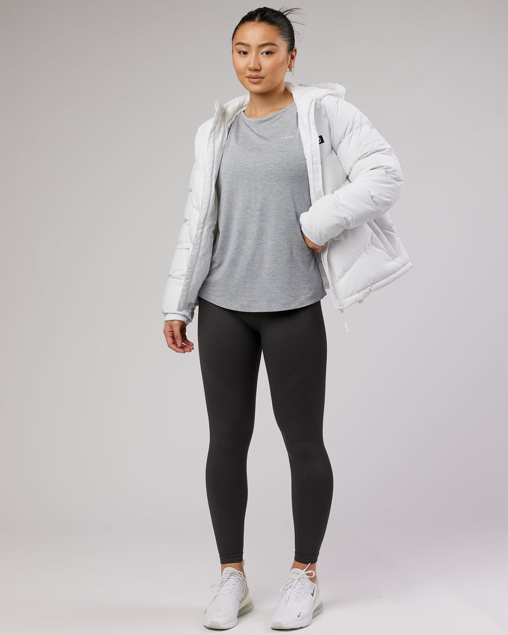 Model wearing Air Slouch Tee - Lt Grey Marl