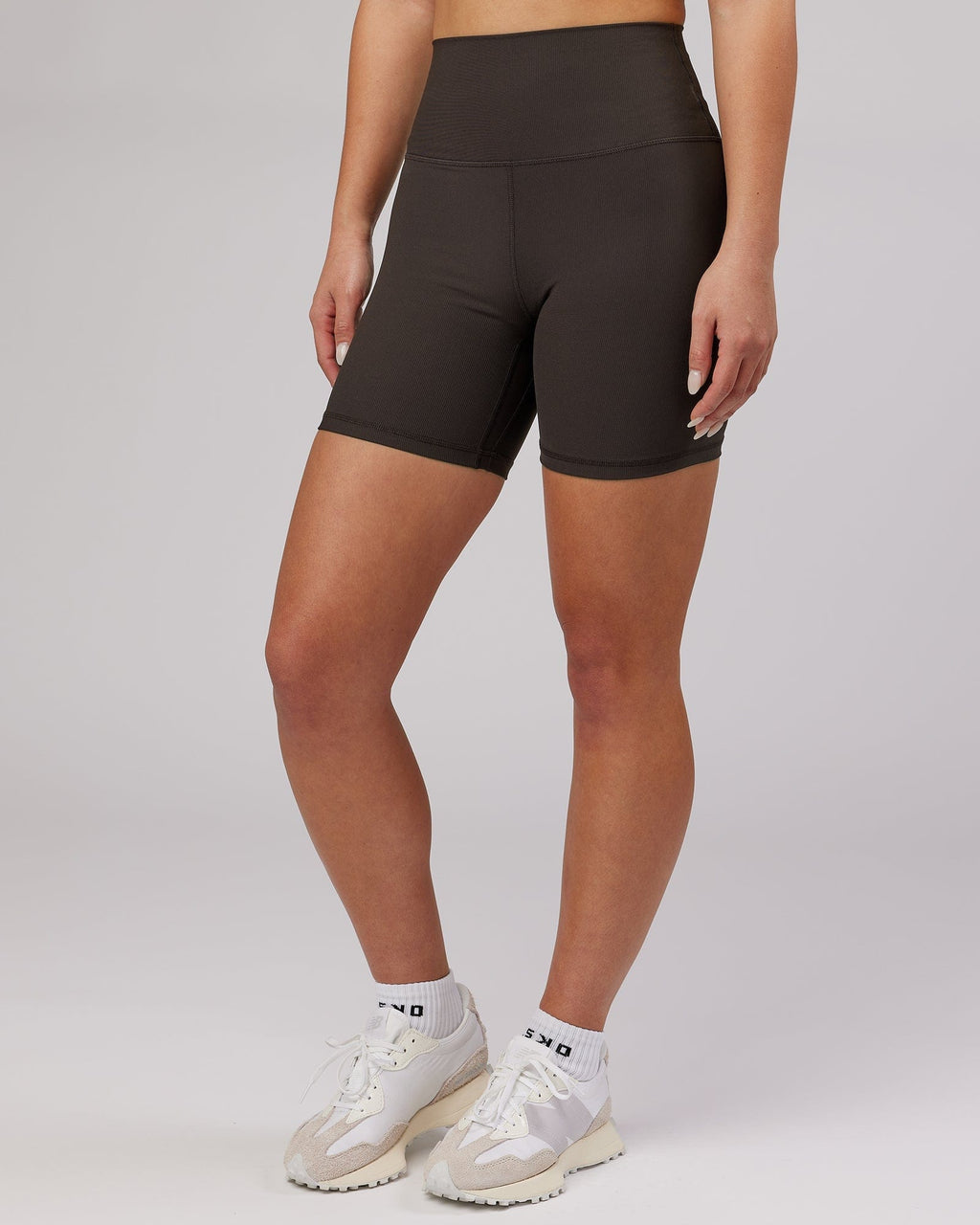 Model wearing Balance Ribbed Mid Short Tight - Dark Walnut