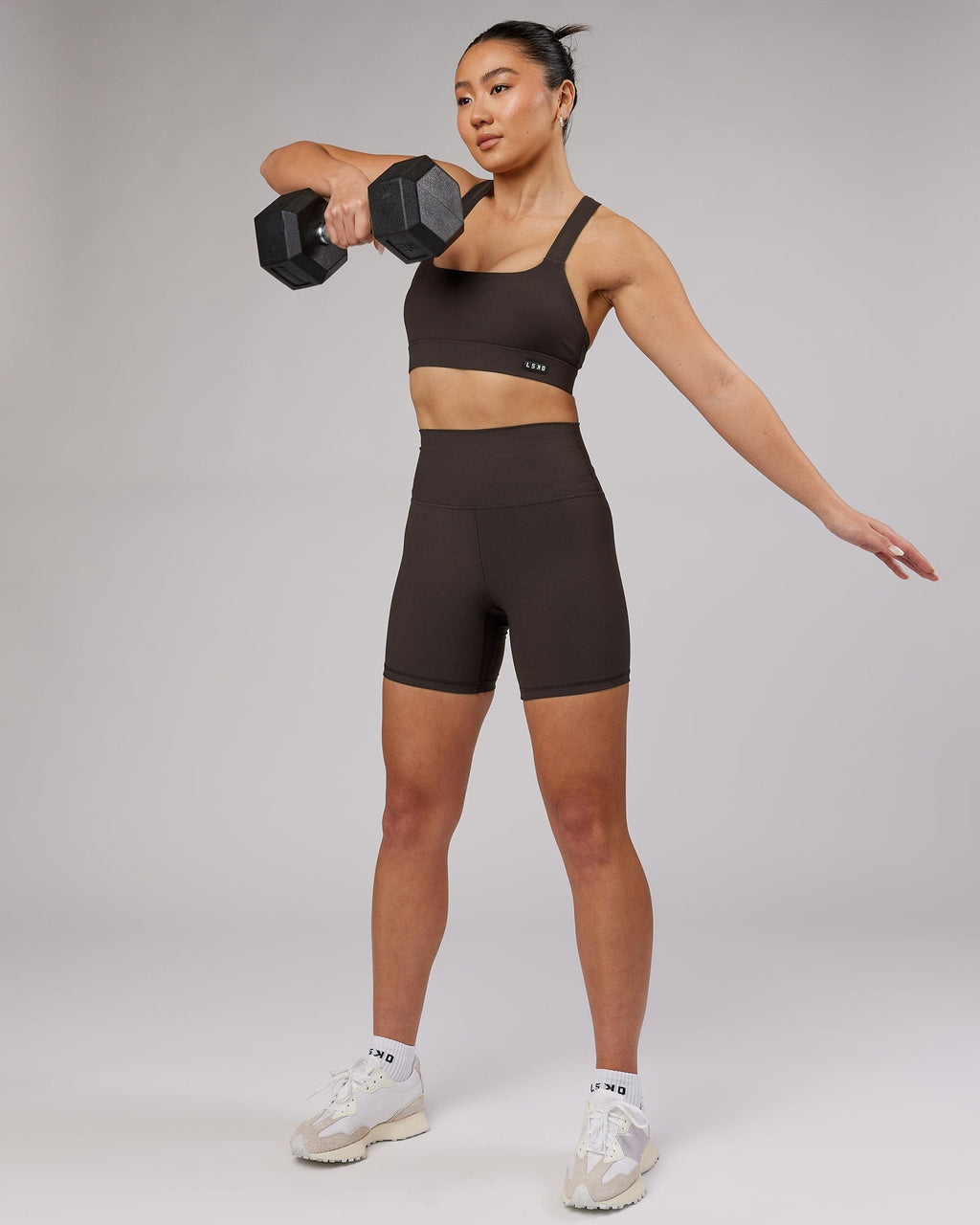 Model wearing Balance Ribbed Mid Short Tight - Dark Walnut