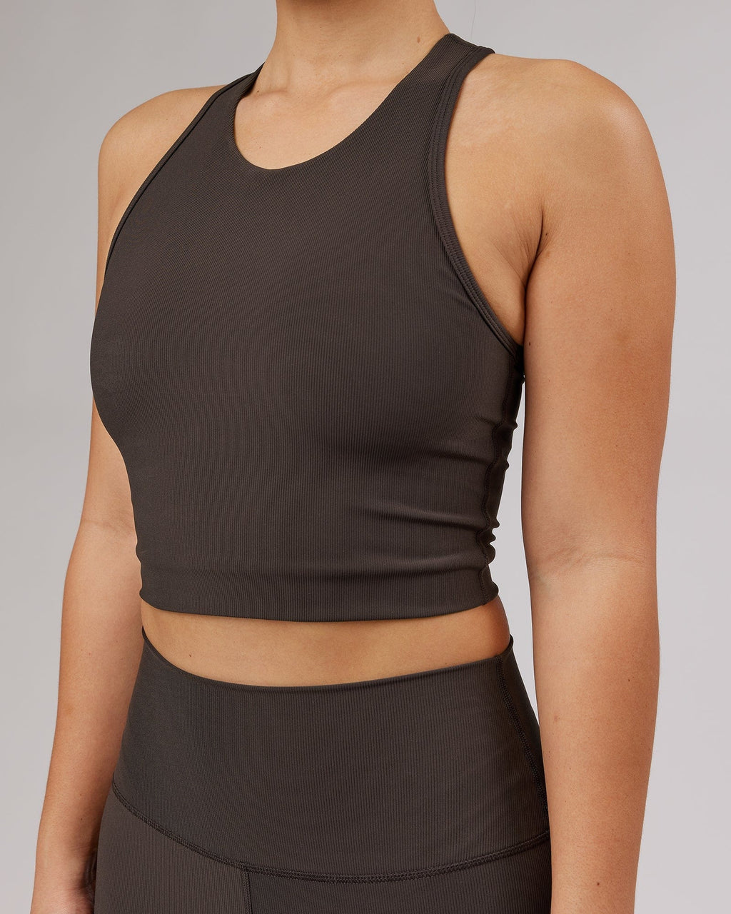 Model wearing Relay Active Rib Tank - Dark Walnut
