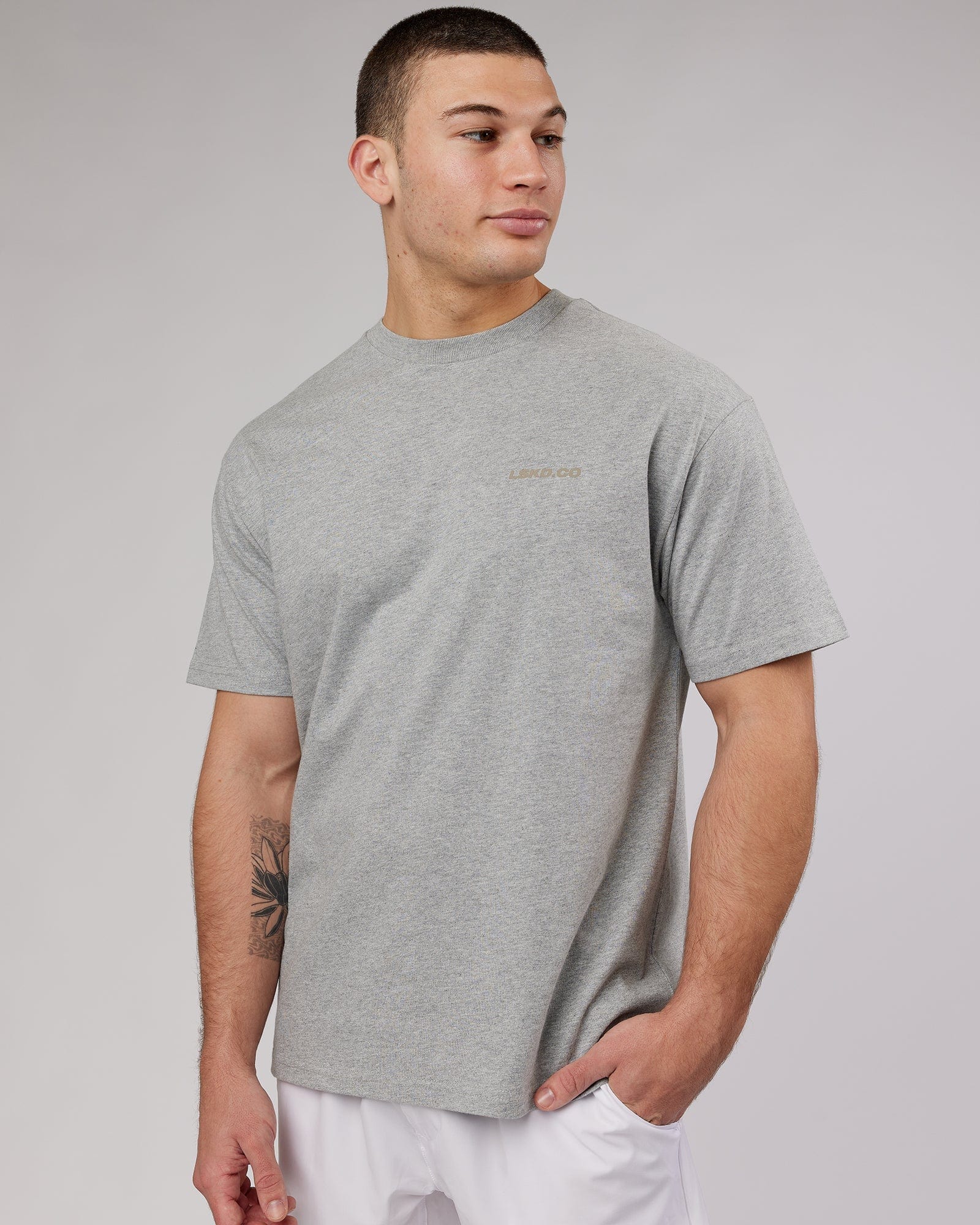 Model wearing Revolution Heavyweight Tee Oversize - Lt Grey Marl