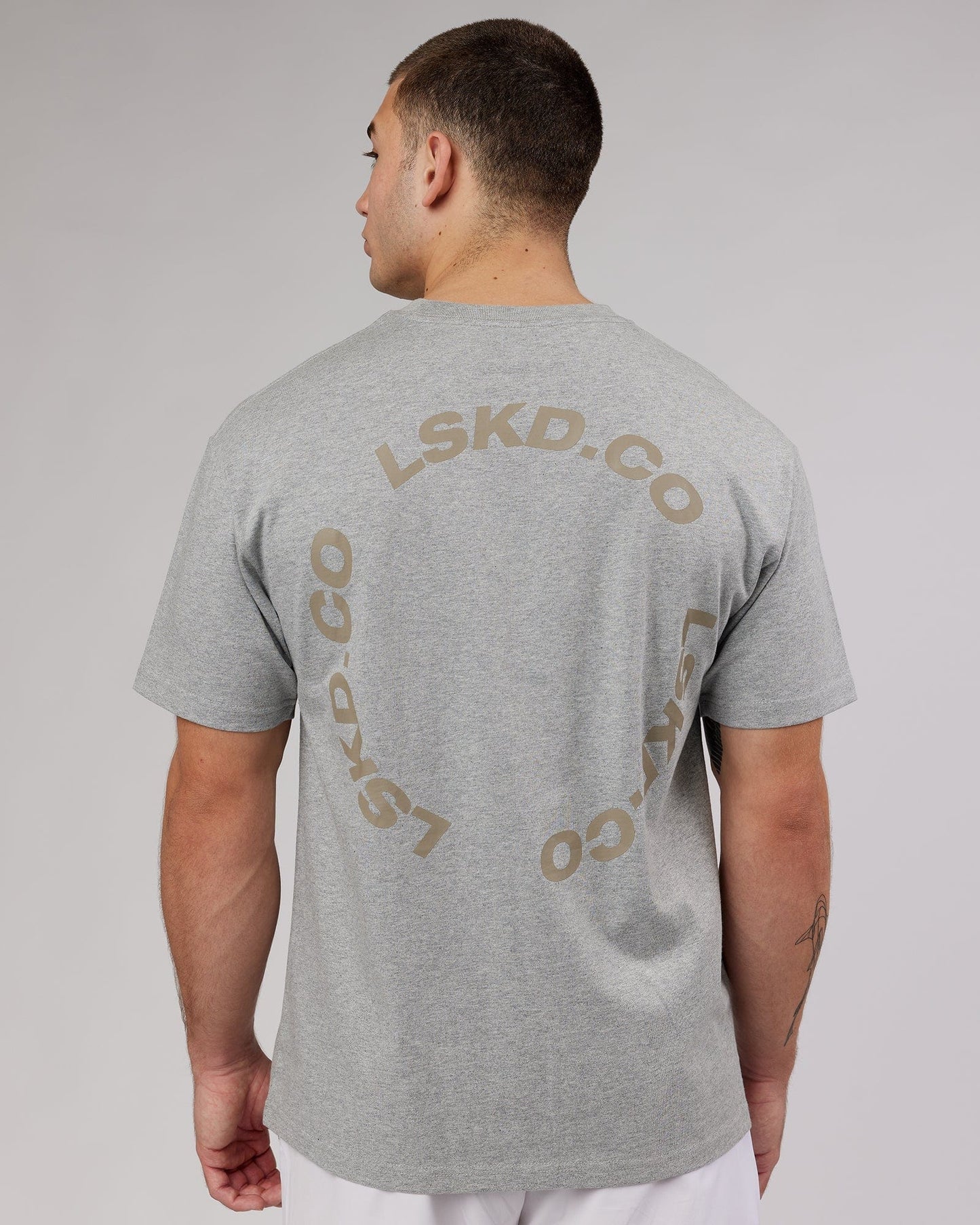 Model wearing Revolution Heavyweight Tee Oversize - Lt Grey Marl