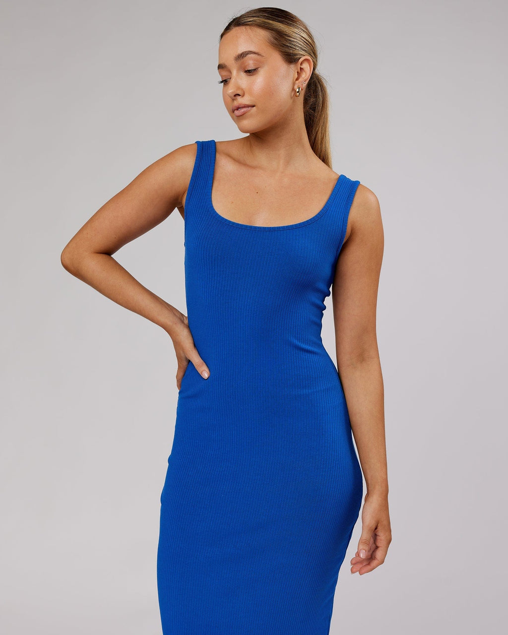 Model wearing Rory Ribbed Dress - Power Cobalt