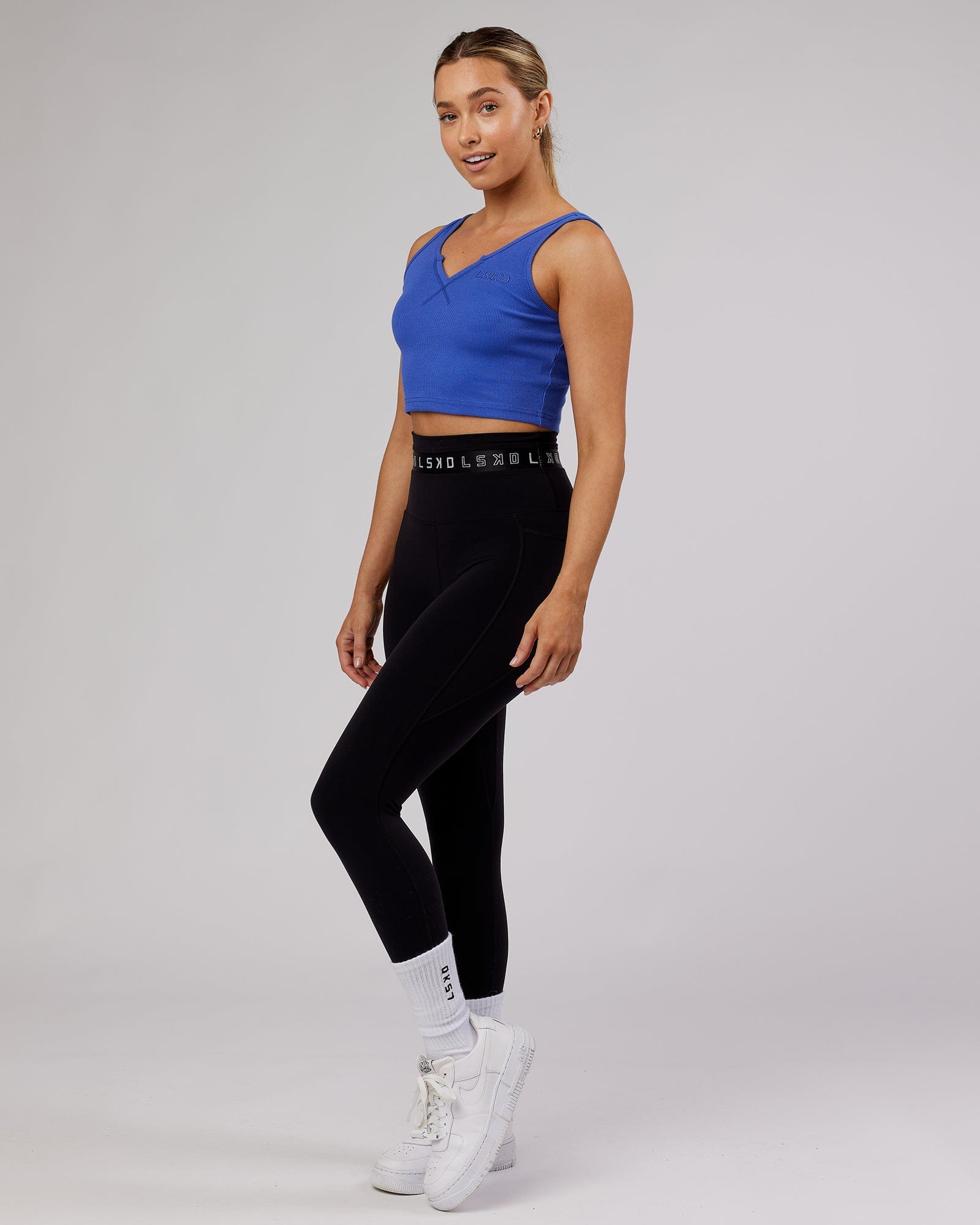 Model wearing Field Ribbed V-Neck Tank - Power Cobalt