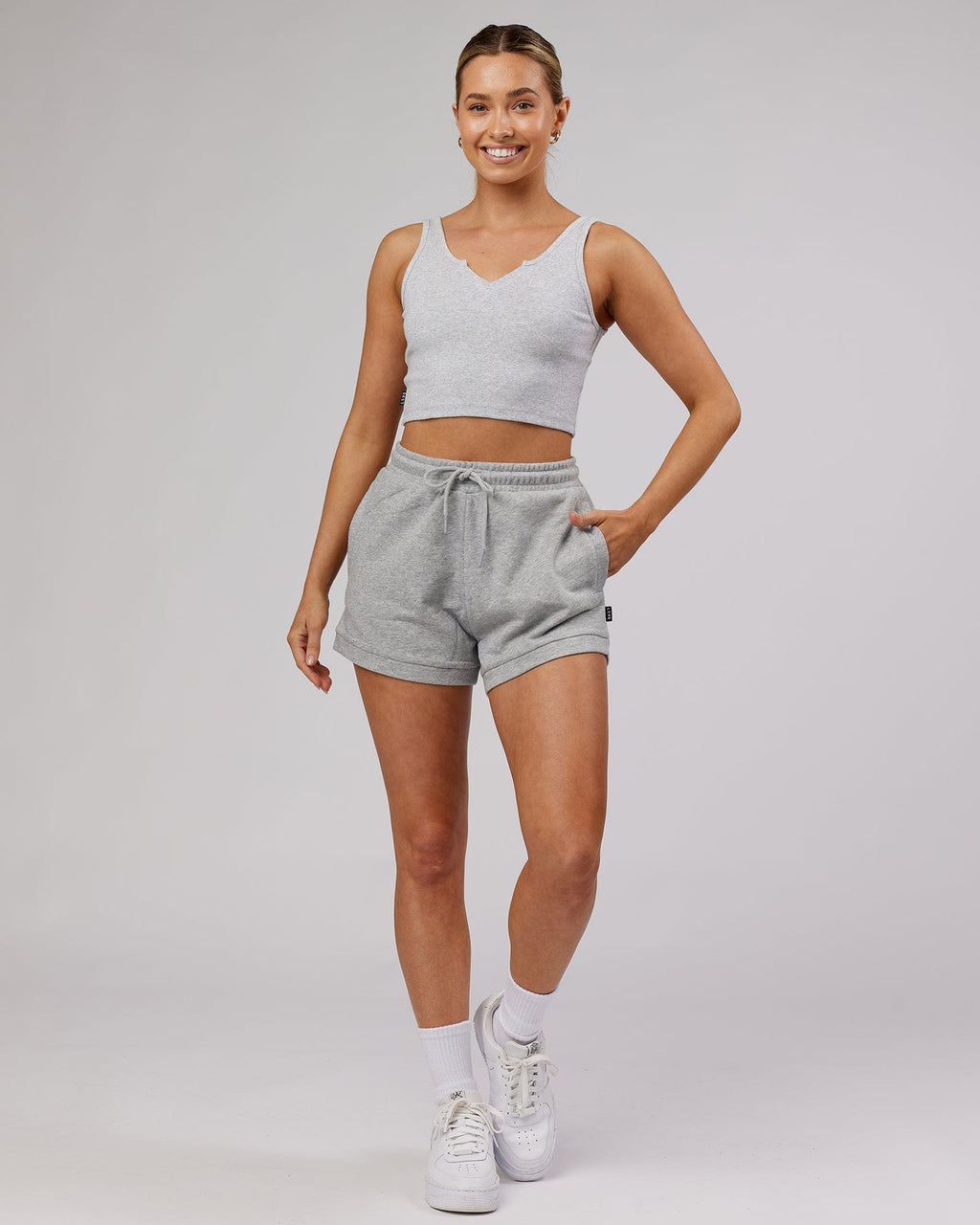 Model wearing Off Duty Lounge Short - Lt Grey Marl