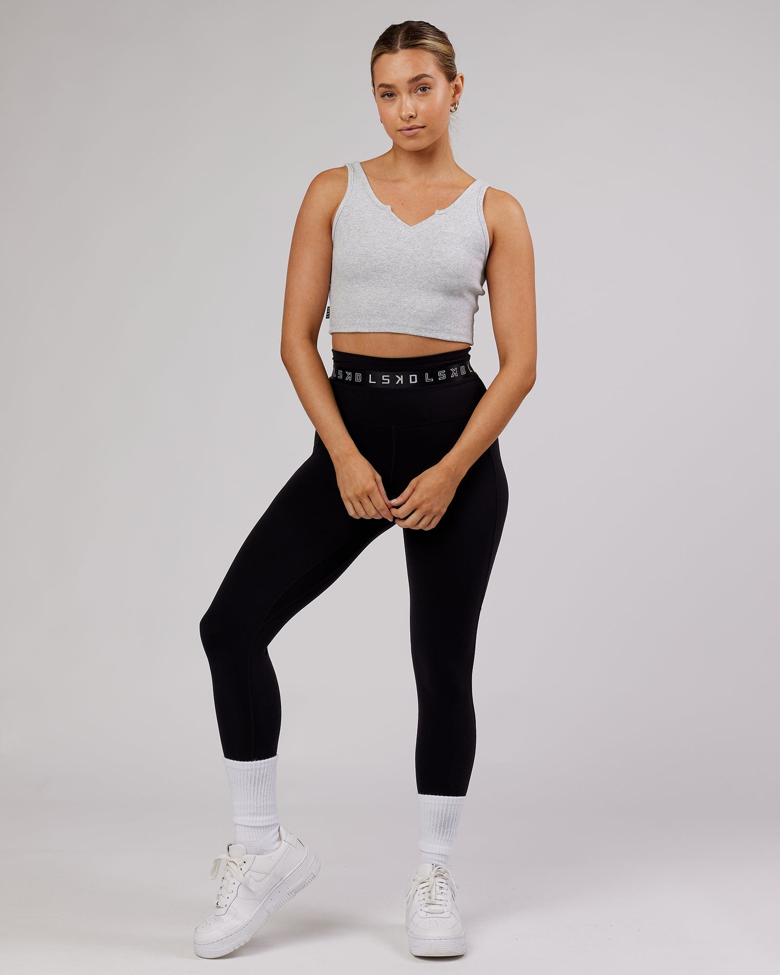 Model wearing Field Ribbed V-Neck Tank - Lt Grey Marl