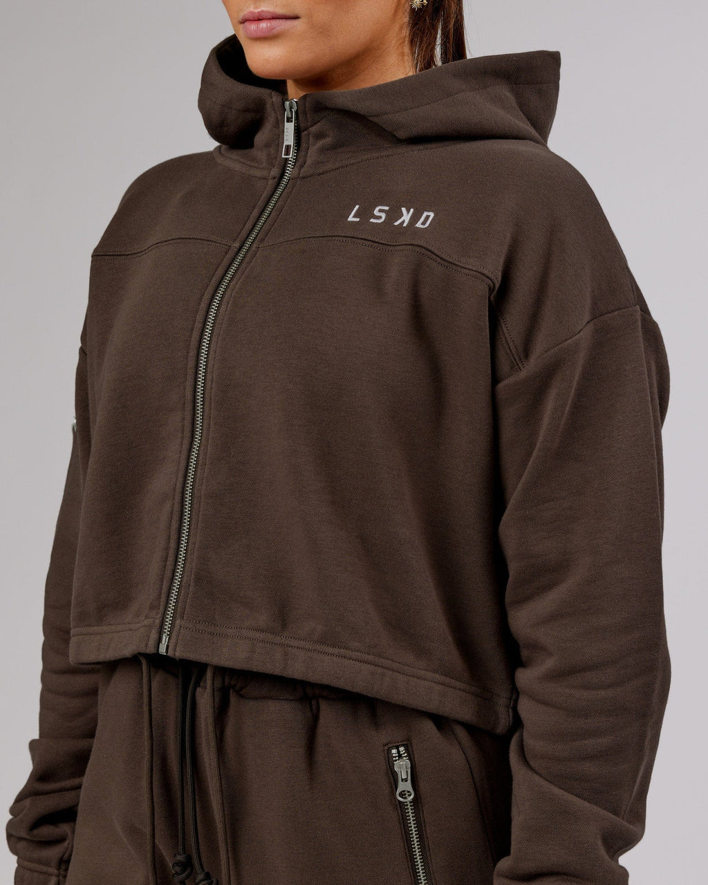 Model wearing Bridge Zip Through Hoodie - Walnut