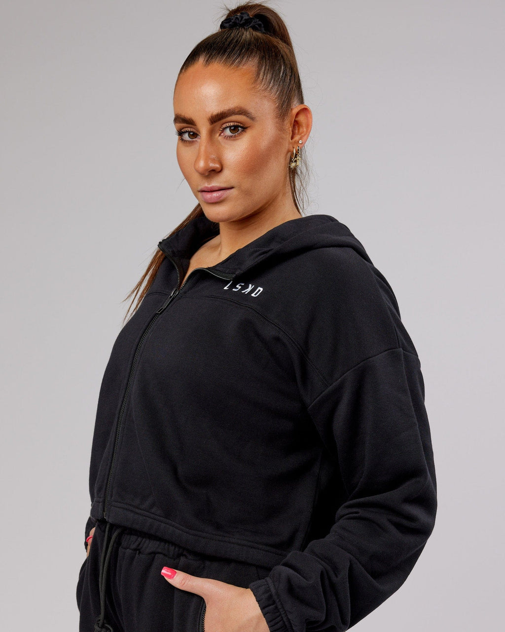 Model wearing Bridge Zip Through Hoodie - Black