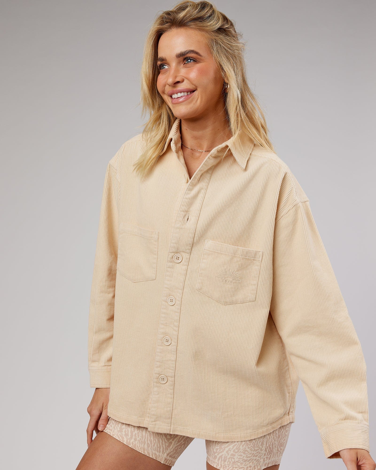 Model wearing Rise Cord Shacket - Classic Cream