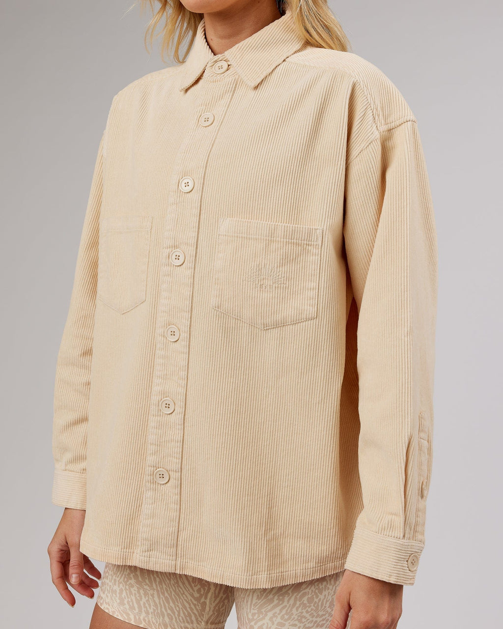 Model wearing Rise Cord Shacket - Classic Cream