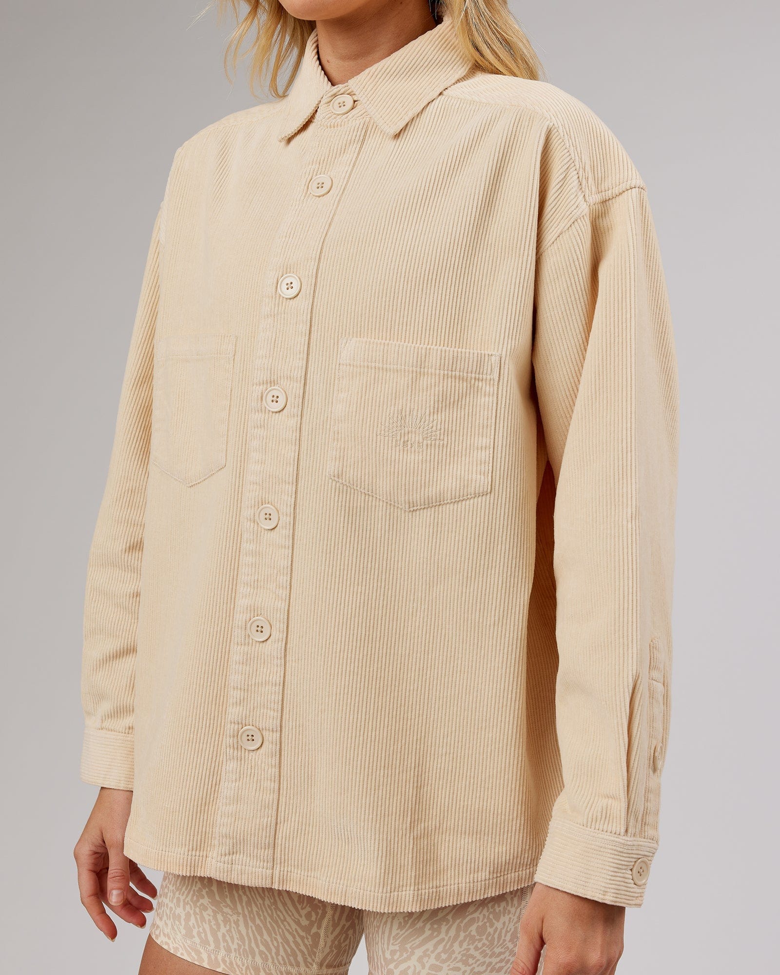 Model wearing Rise Cord Shacket - Classic Cream