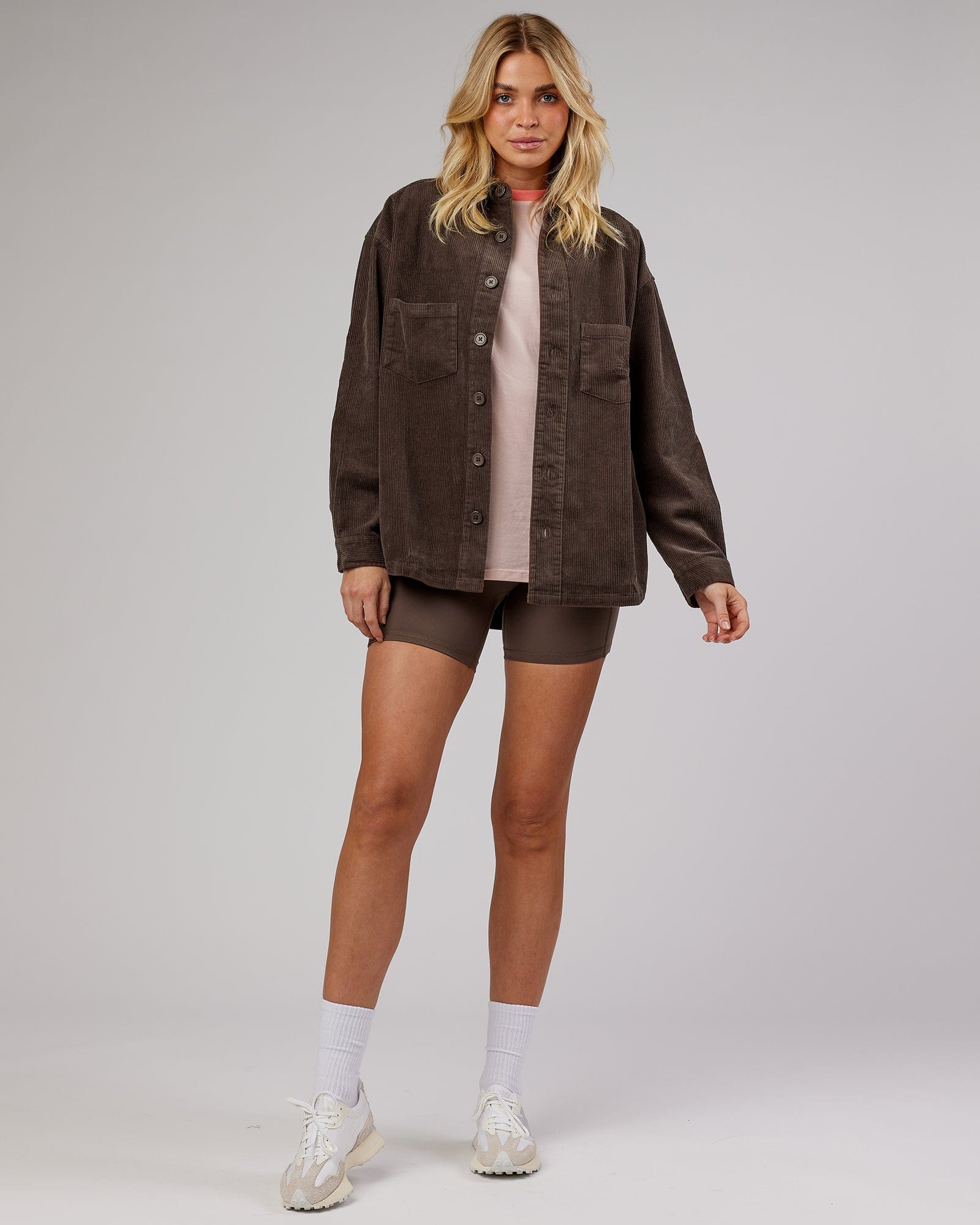 Model wearing Rise Cord Shacket - Mocha