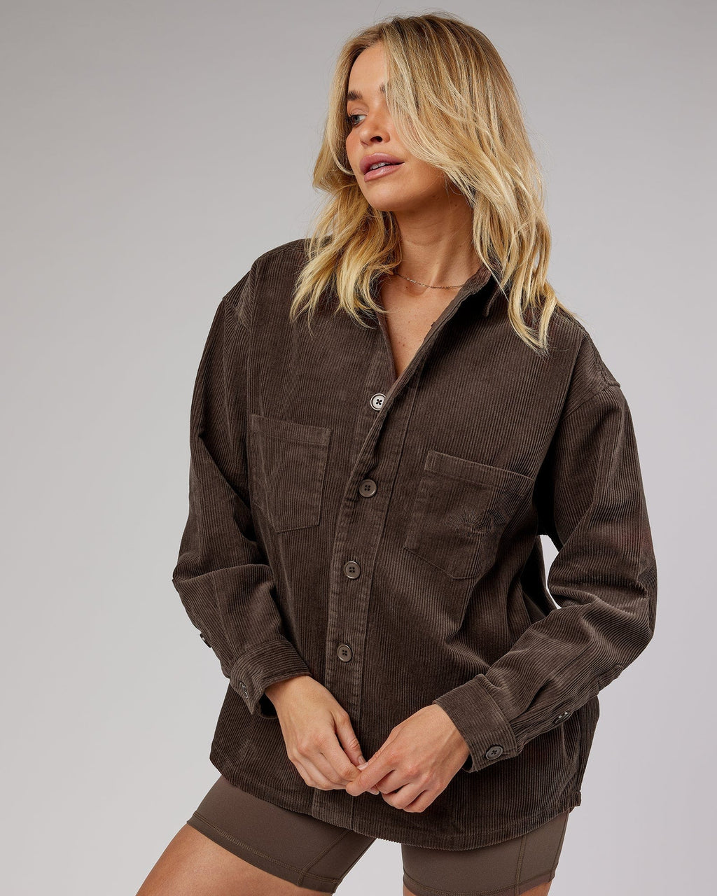 Model wearing Rise Cord Shacket - Mocha