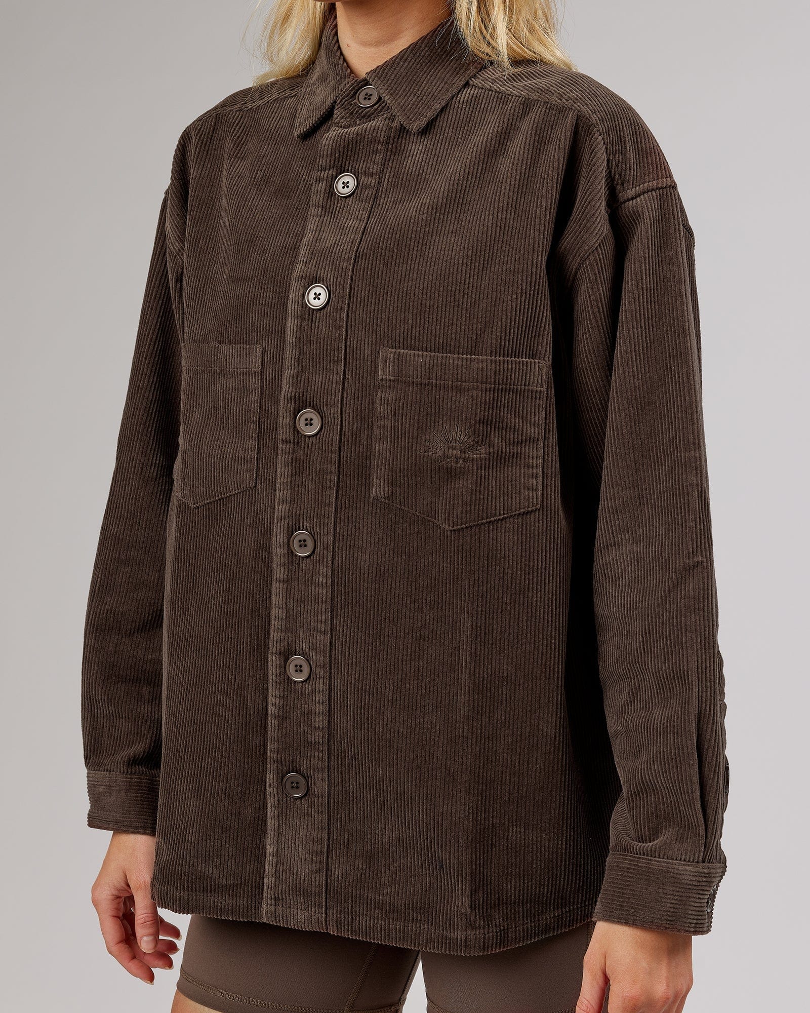 Model wearing Rise Cord Shacket - Mocha