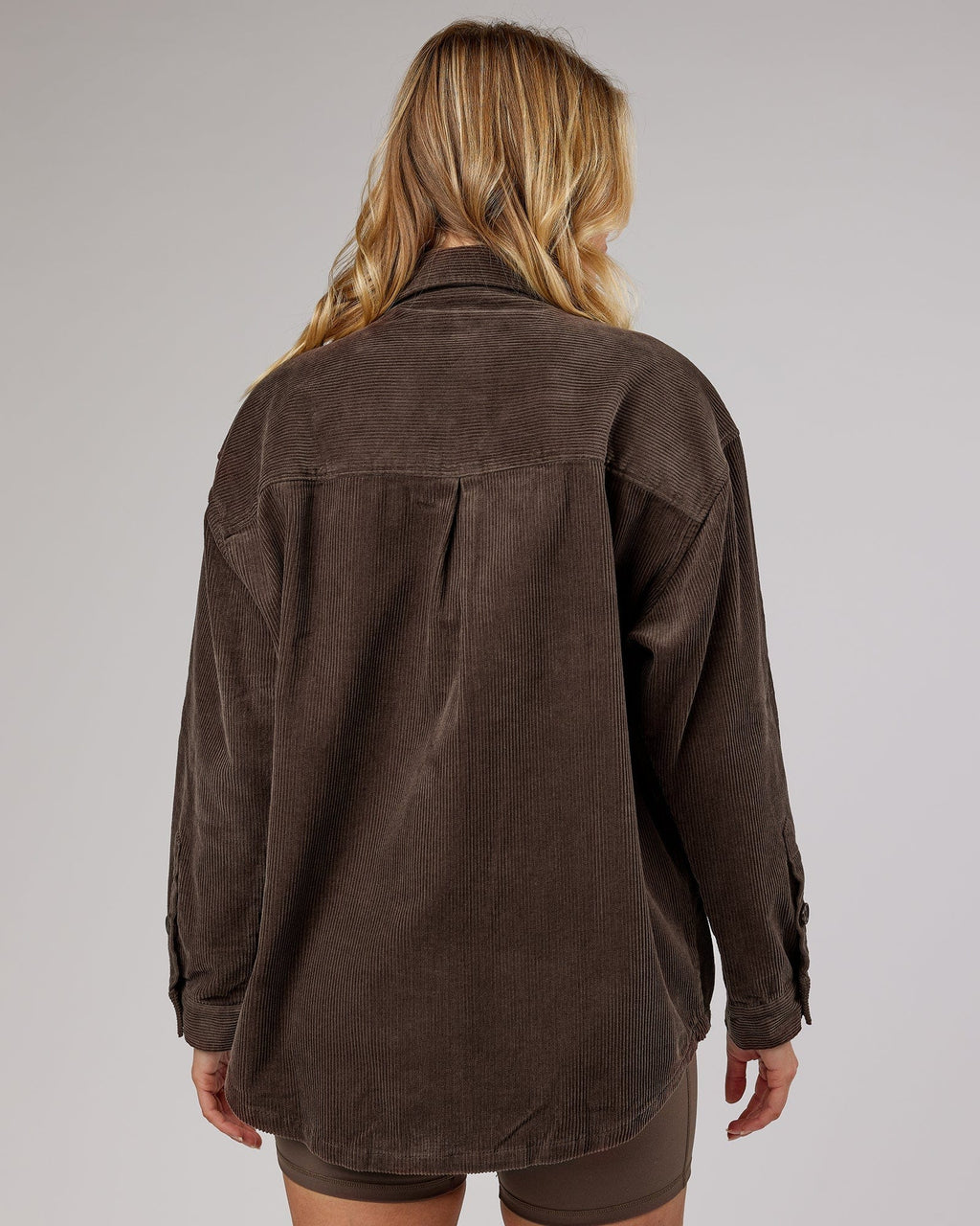 Model wearing Rise Cord Shacket - Mocha