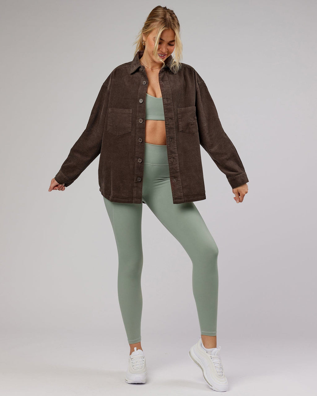 Model wearing Energise Full Length Tight - Sage