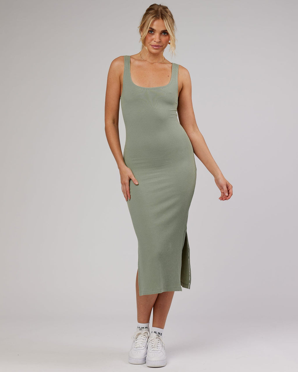 Model wearing Determined Ribbed Dress - Sage