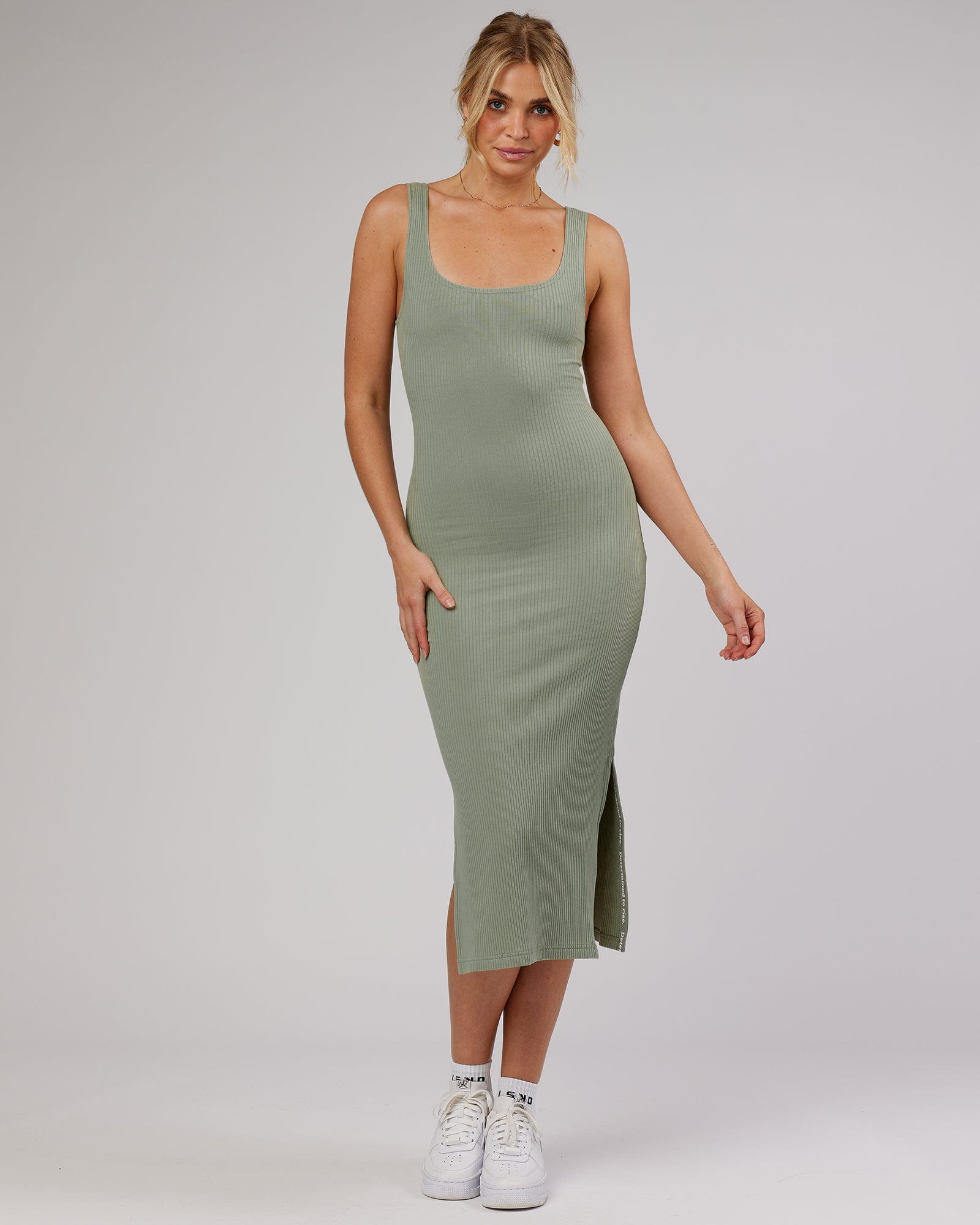Model wearing Determined Ribbed Dress - Sage