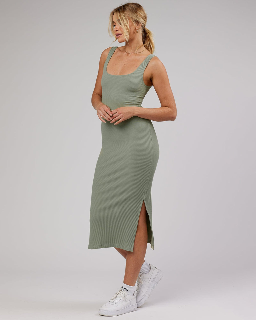 Model wearing Determined Ribbed Dress - Sage