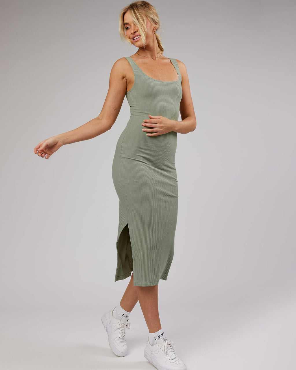 Model wearing Determined Ribbed Dress - Sage