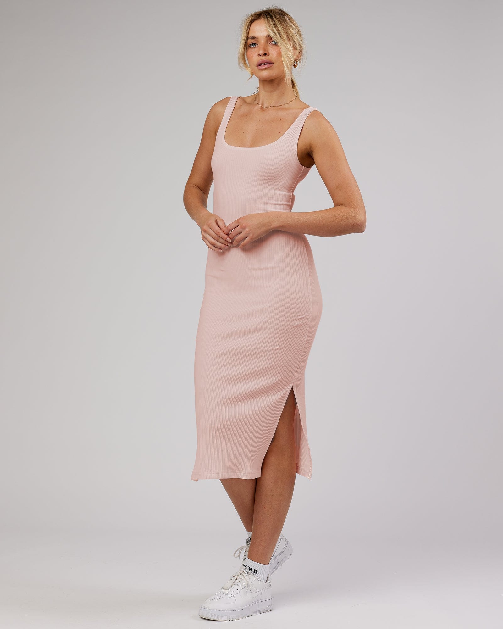 Model wearing Determined Ribbed Dress - Peach Flush