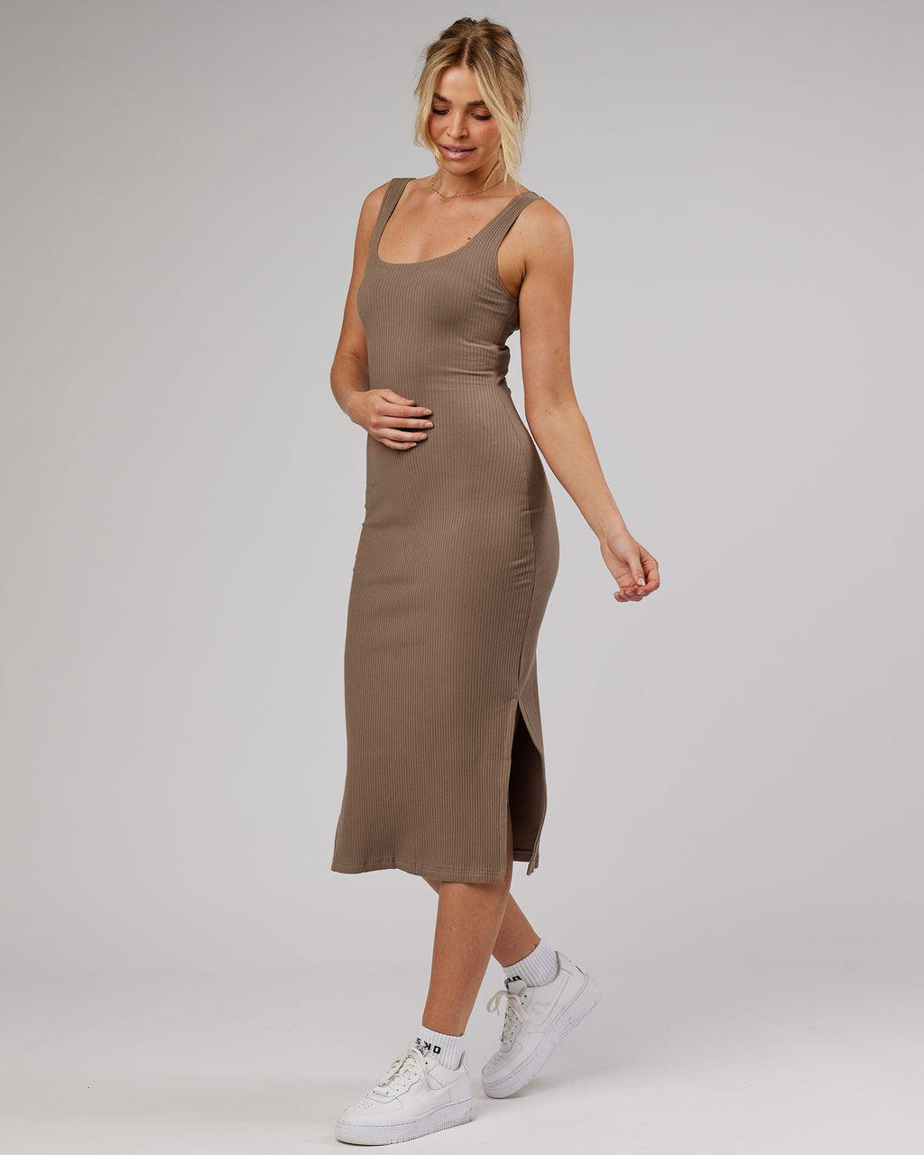 Model wearing Determined Ribbed Dress - Warm Taupe