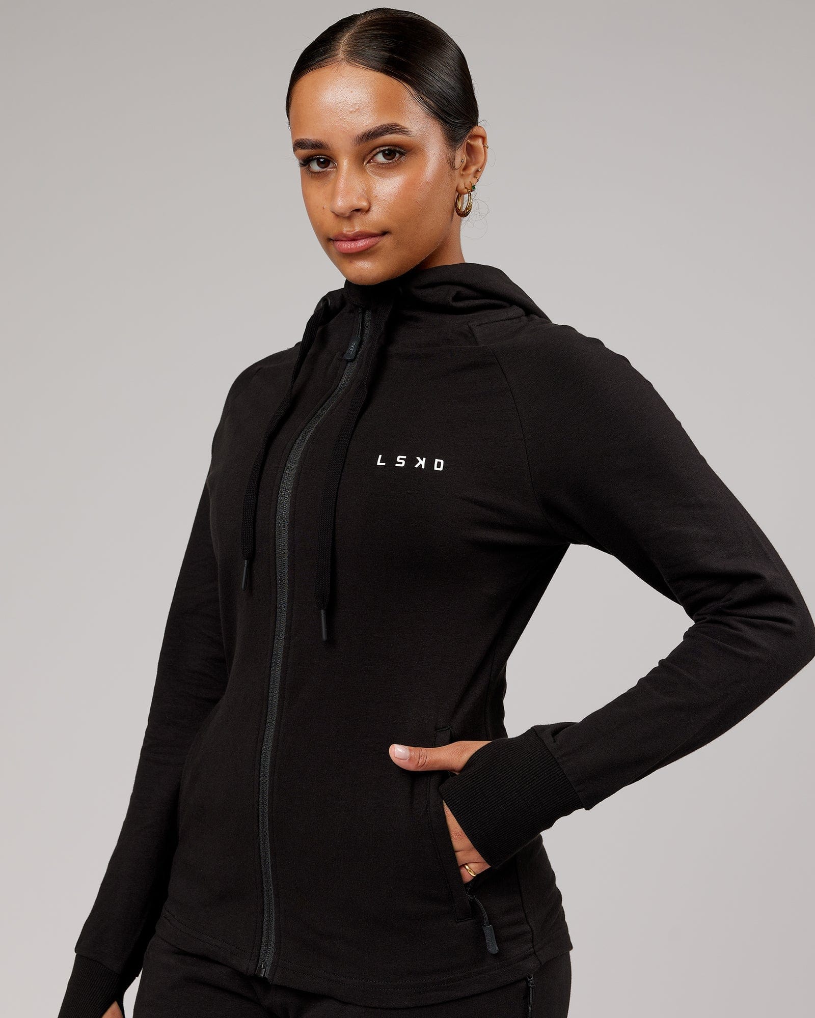 Model wearing PB Zip Through Hoodie - Black-Tonal