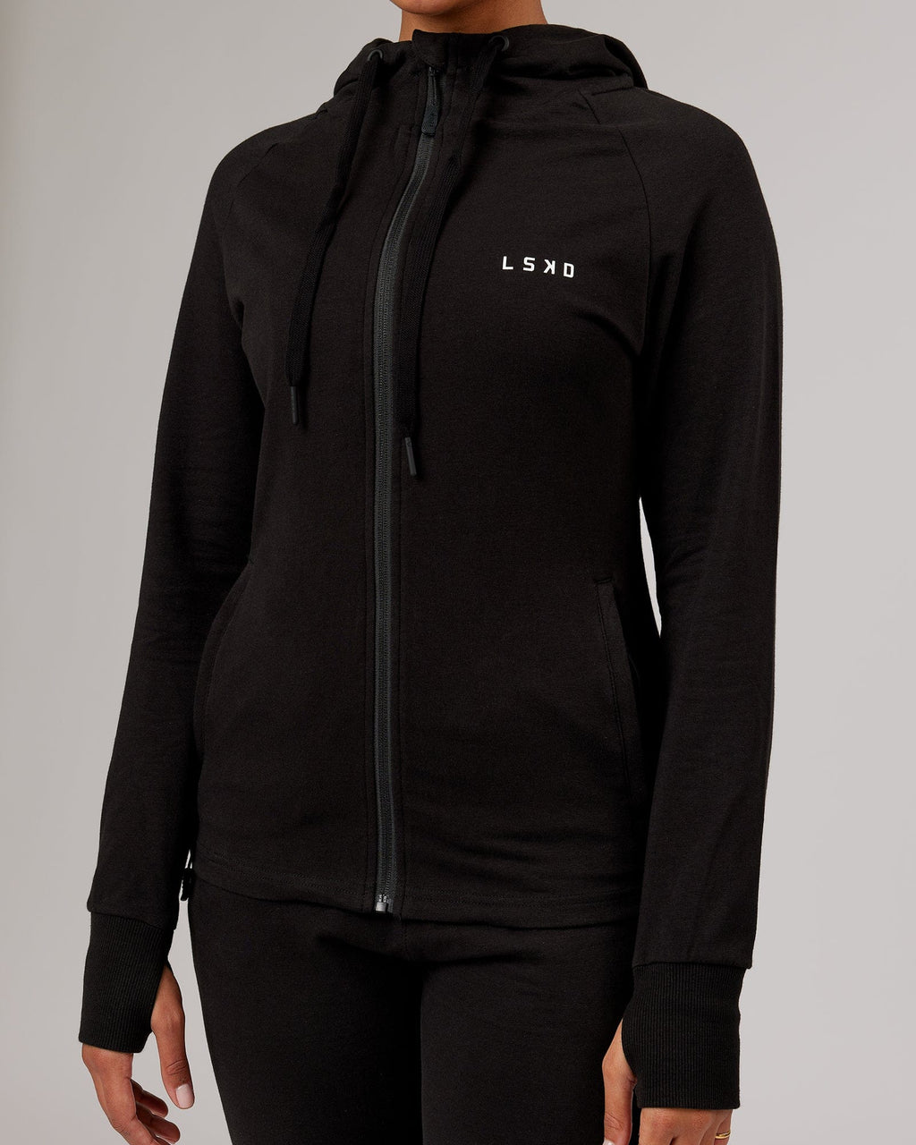 Model wearing PB Zip Through Hoodie - Black-Tonal