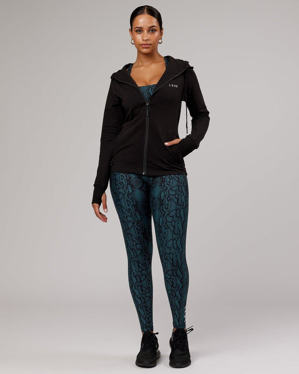 Model wearing PB Zip Through Hoodie - Black-Tonal