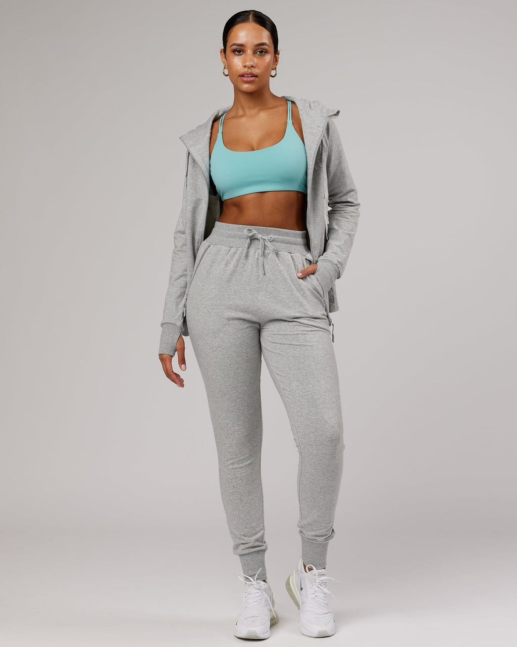 Model wearing PB Zip Through Hoodie - Lt Grey Marl-Tonal