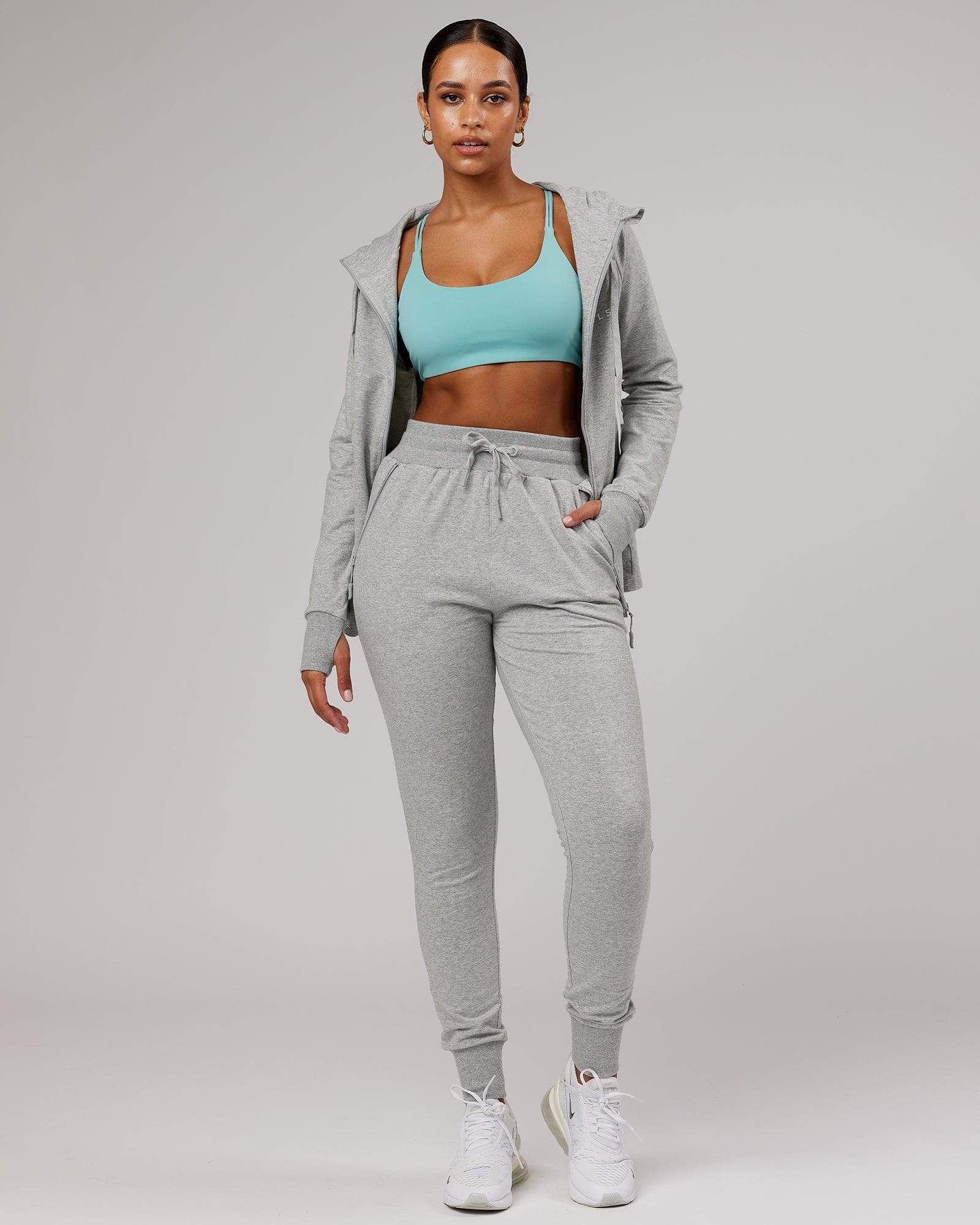 Model wearing PB Zip Through Hoodie - Lt Grey Marl-Tonal