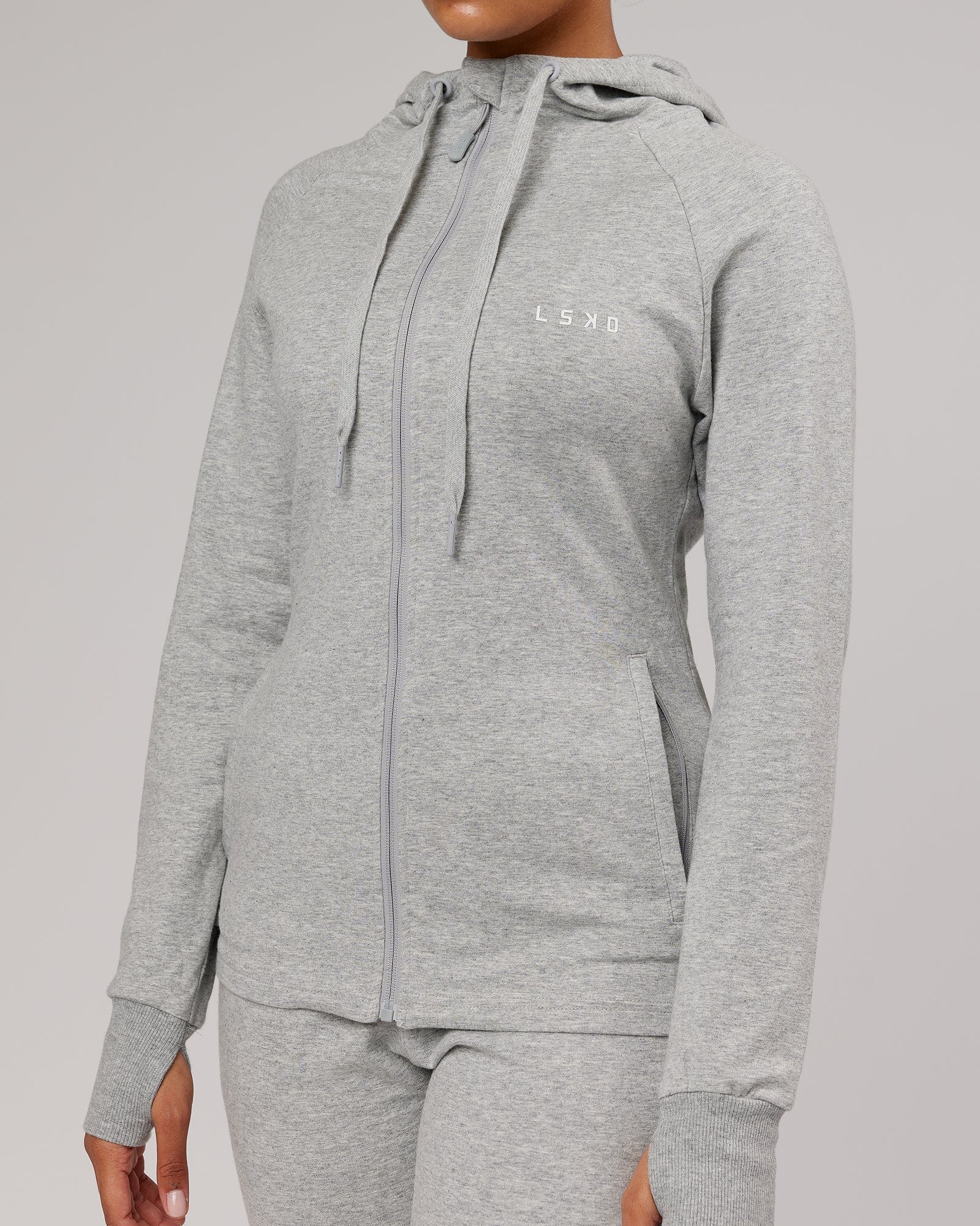 Model wearing PB Zip Through Hoodie - Lt Grey Marl-Tonal