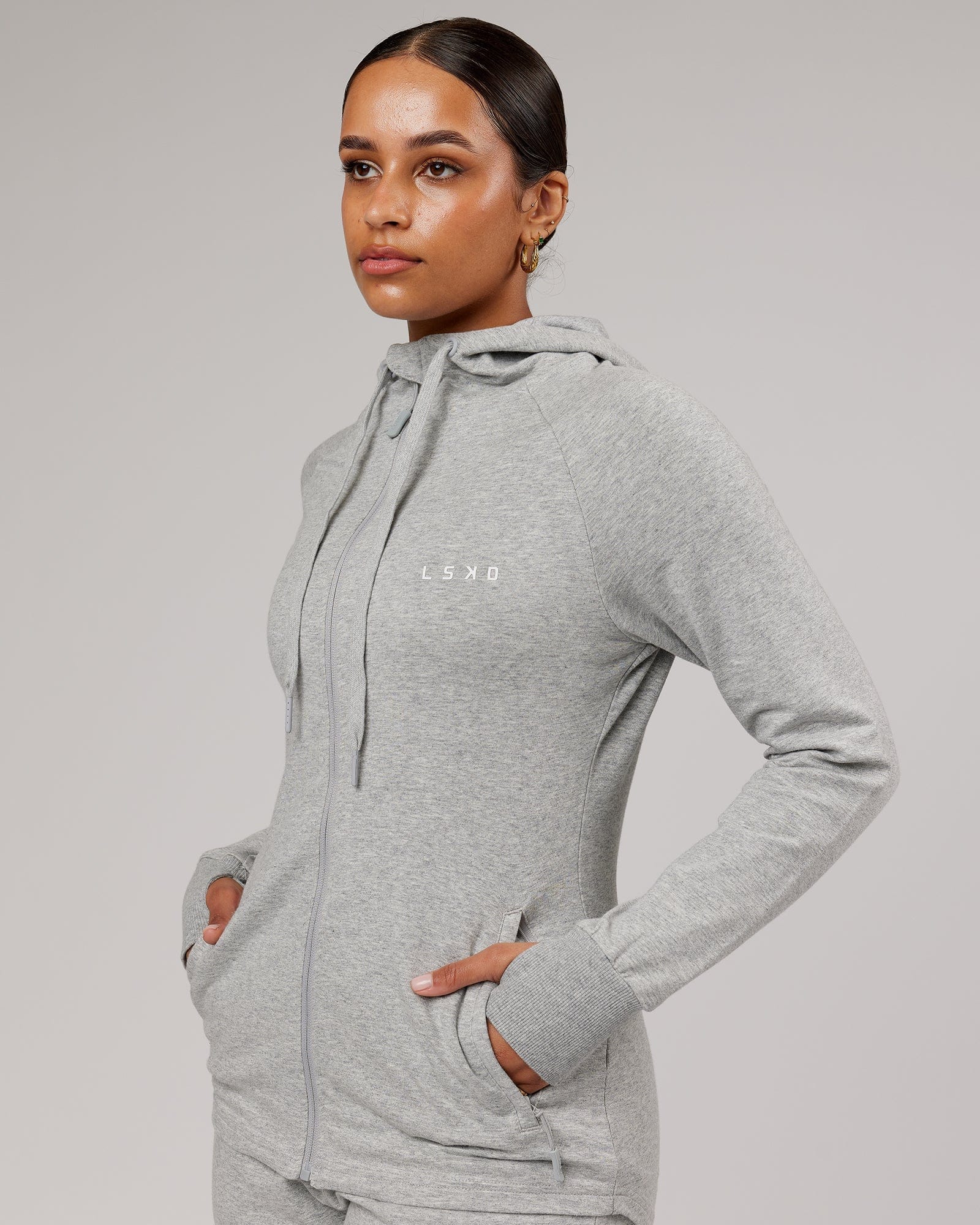 Model wearing PB Zip Through Hoodie - Lt Grey Marl-Tonal