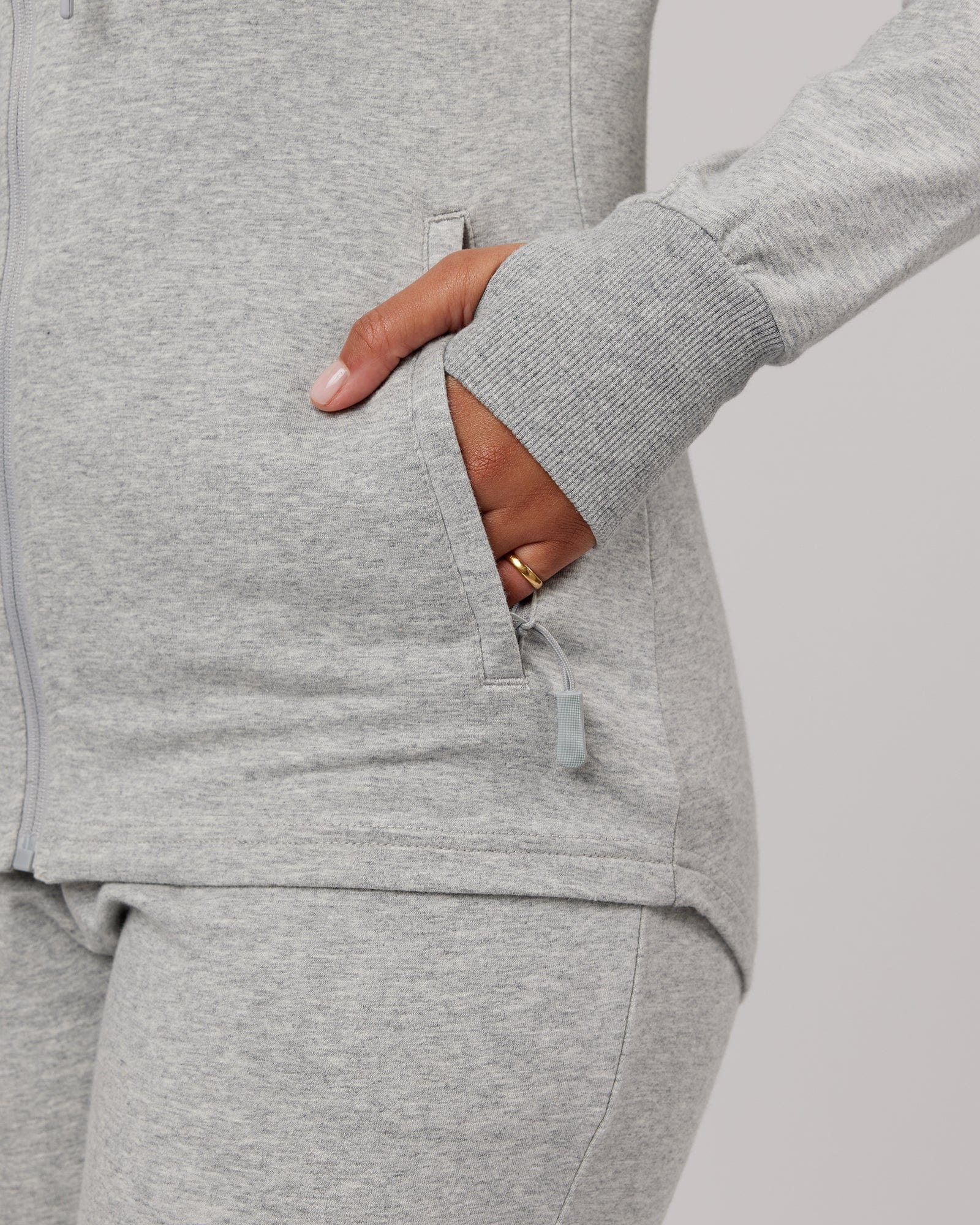 Model wearing PB Zip Through Hoodie - Lt Grey Marl-Tonal