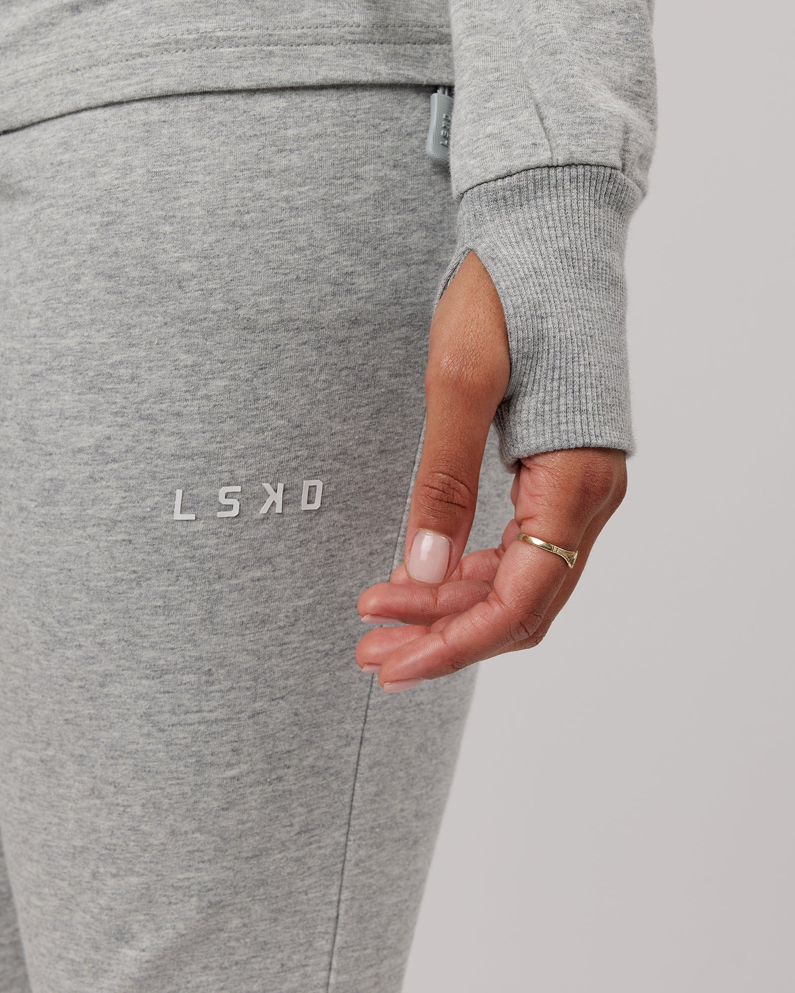 Model wearing PB Zip Through Hoodie - Lt Grey Marl-Tonal