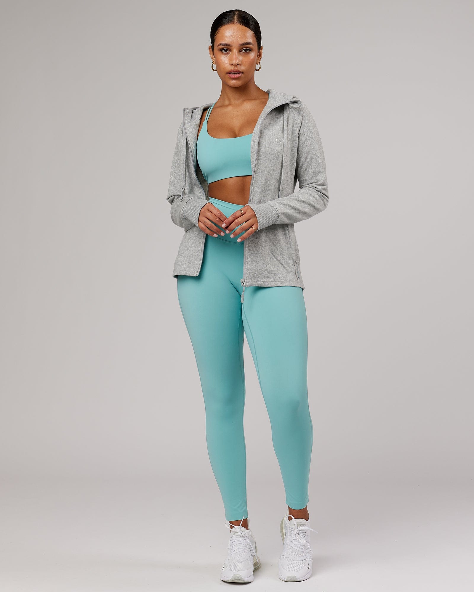 Model wearing PB Zip Through Hoodie - Lt Grey Marl-Tonal