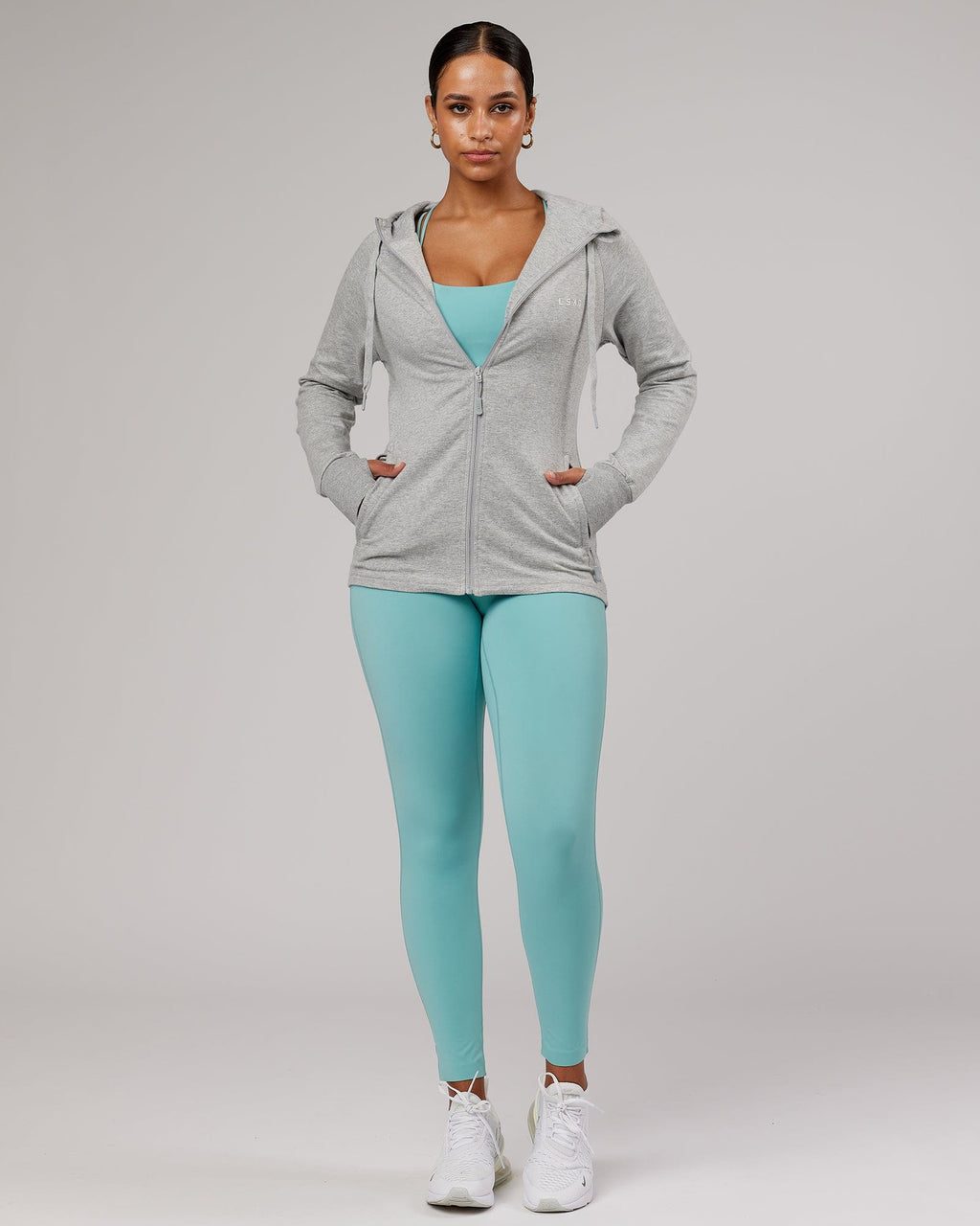 Model wearing PB Zip Through Hoodie - Lt Grey Marl-Tonal