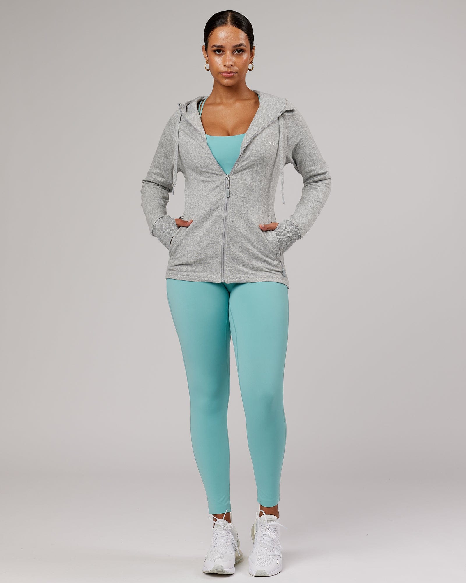 Model wearing PB Zip Through Hoodie - Lt Grey Marl-Tonal