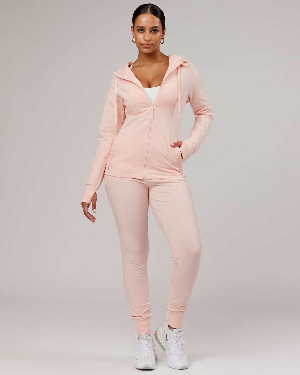 Model wearing PB Zip Through Hoodie - Pink-Tonal