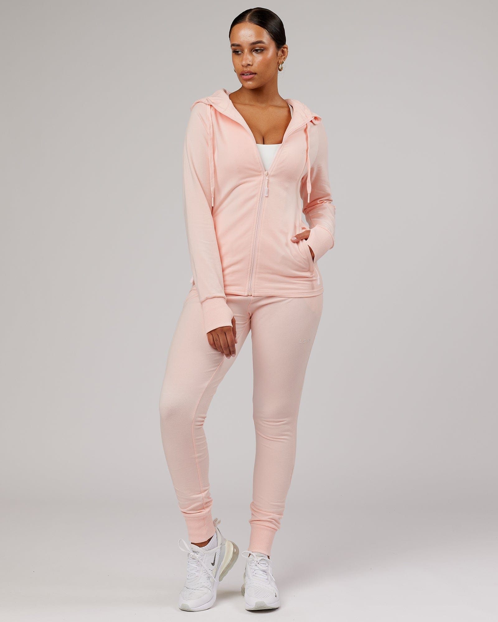 Model wearing PB Zip Through Hoodie - Pink-Tonal