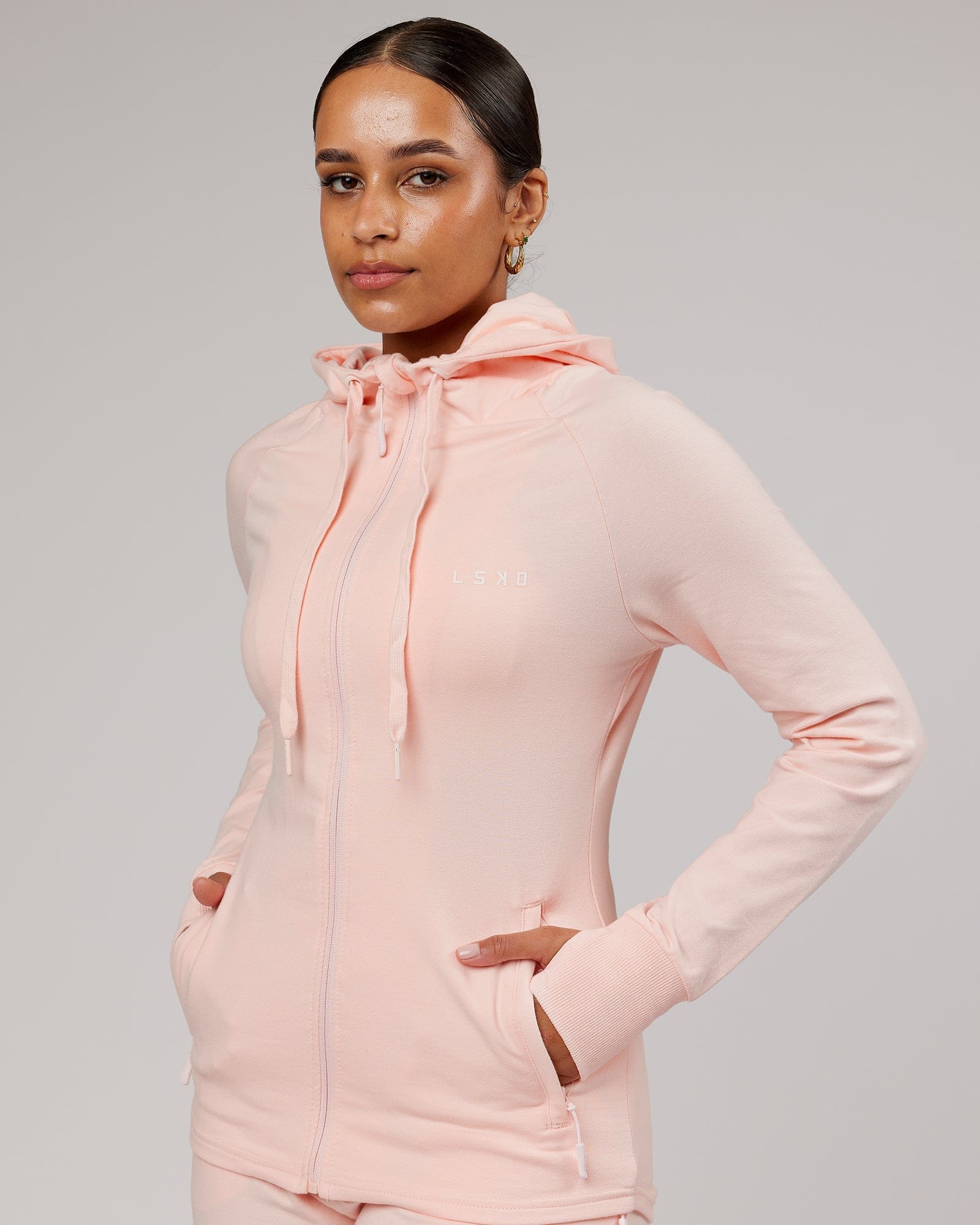 Model wearing PB Zip Through Hoodie - Pink-Tonal