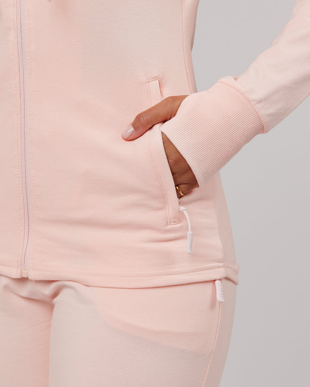 Model wearing PB Zip Through Hoodie - Pink-Tonal