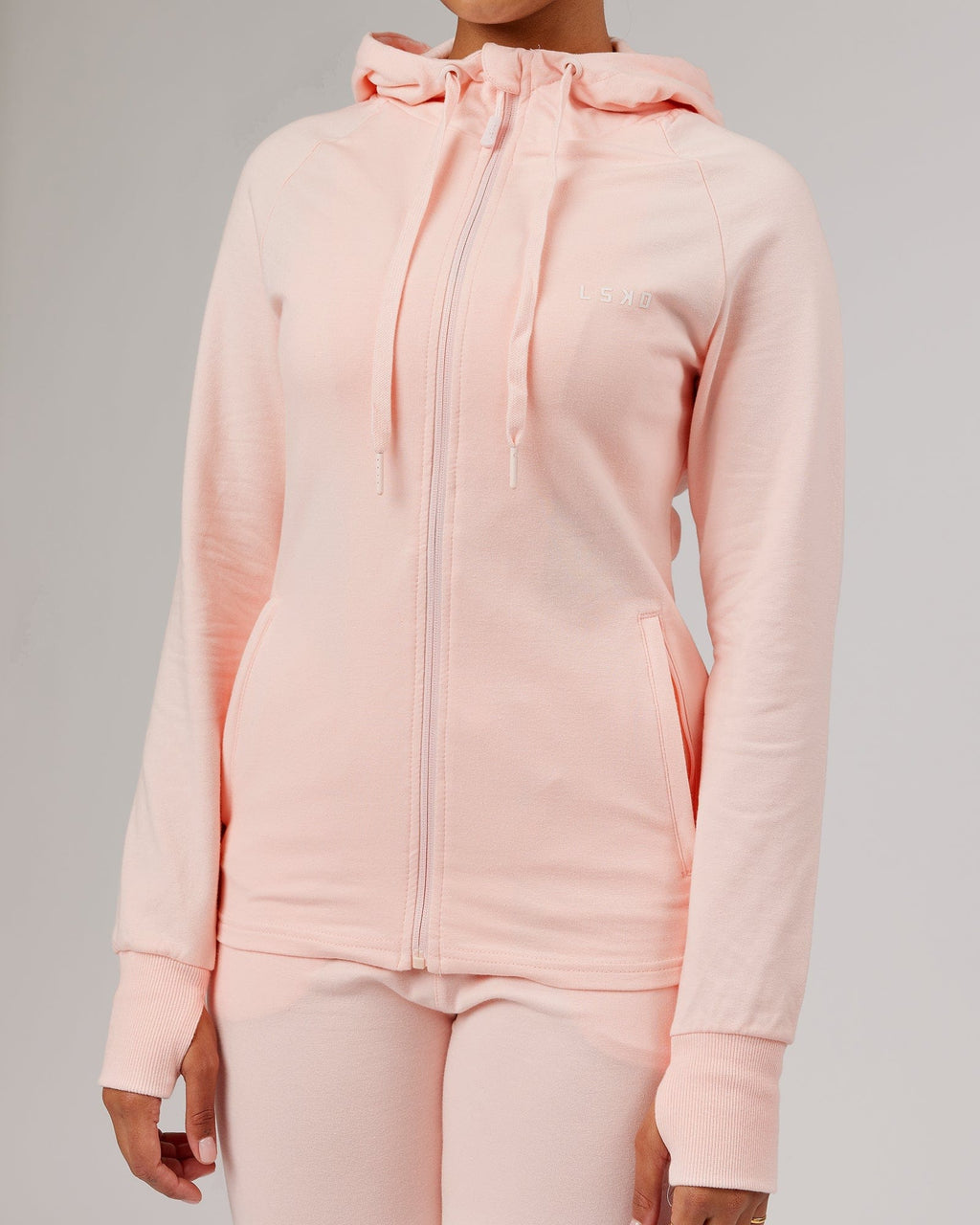 Model wearing PB Zip Through Hoodie - Pink-Tonal