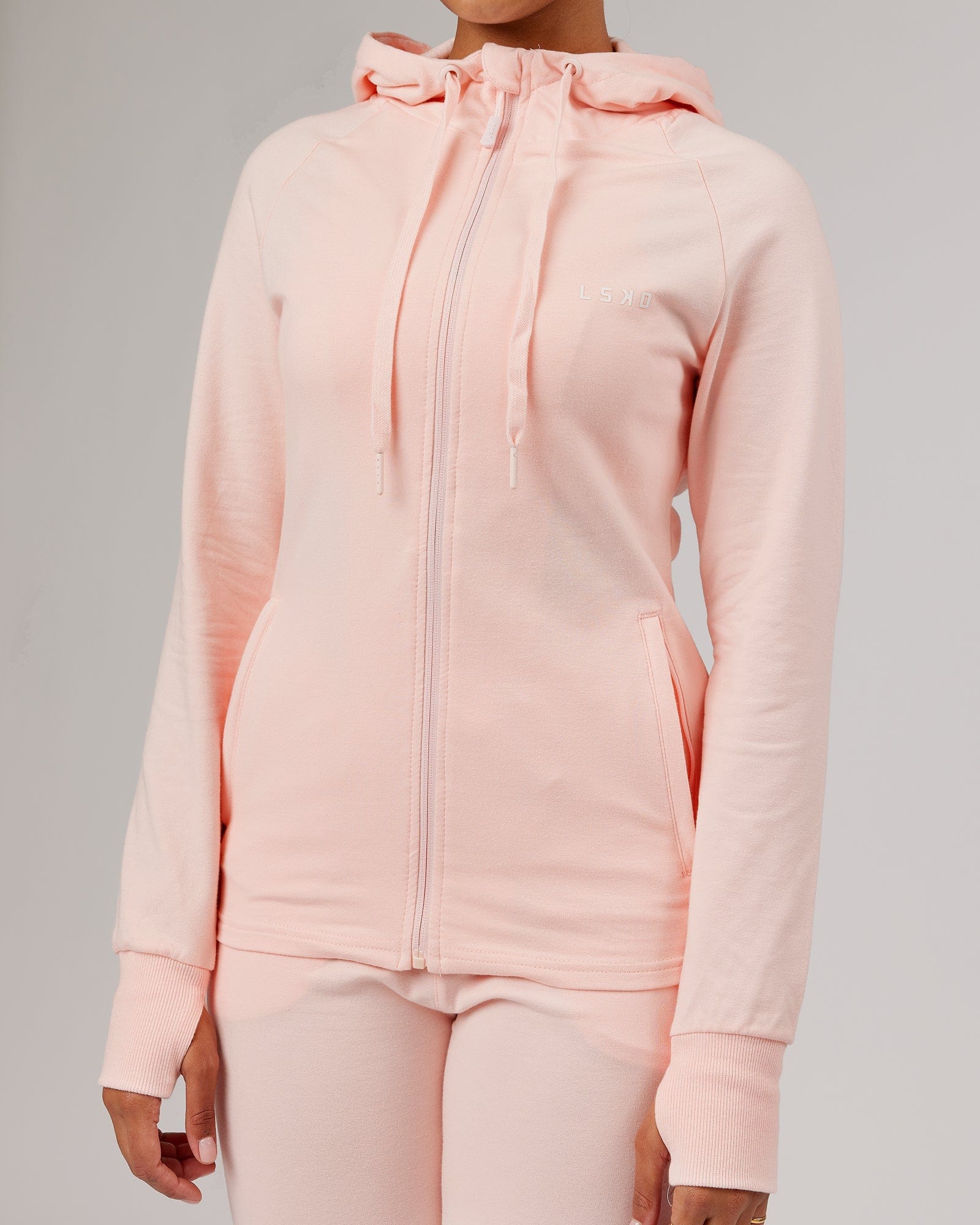 Model wearing PB Zip Through Hoodie - Pink-Tonal