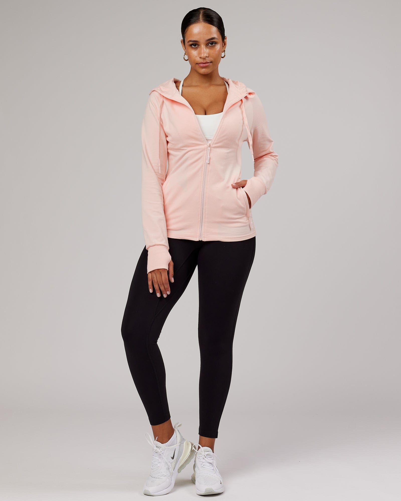 Model wearing PB Zip Through Hoodie - Pink-Tonal