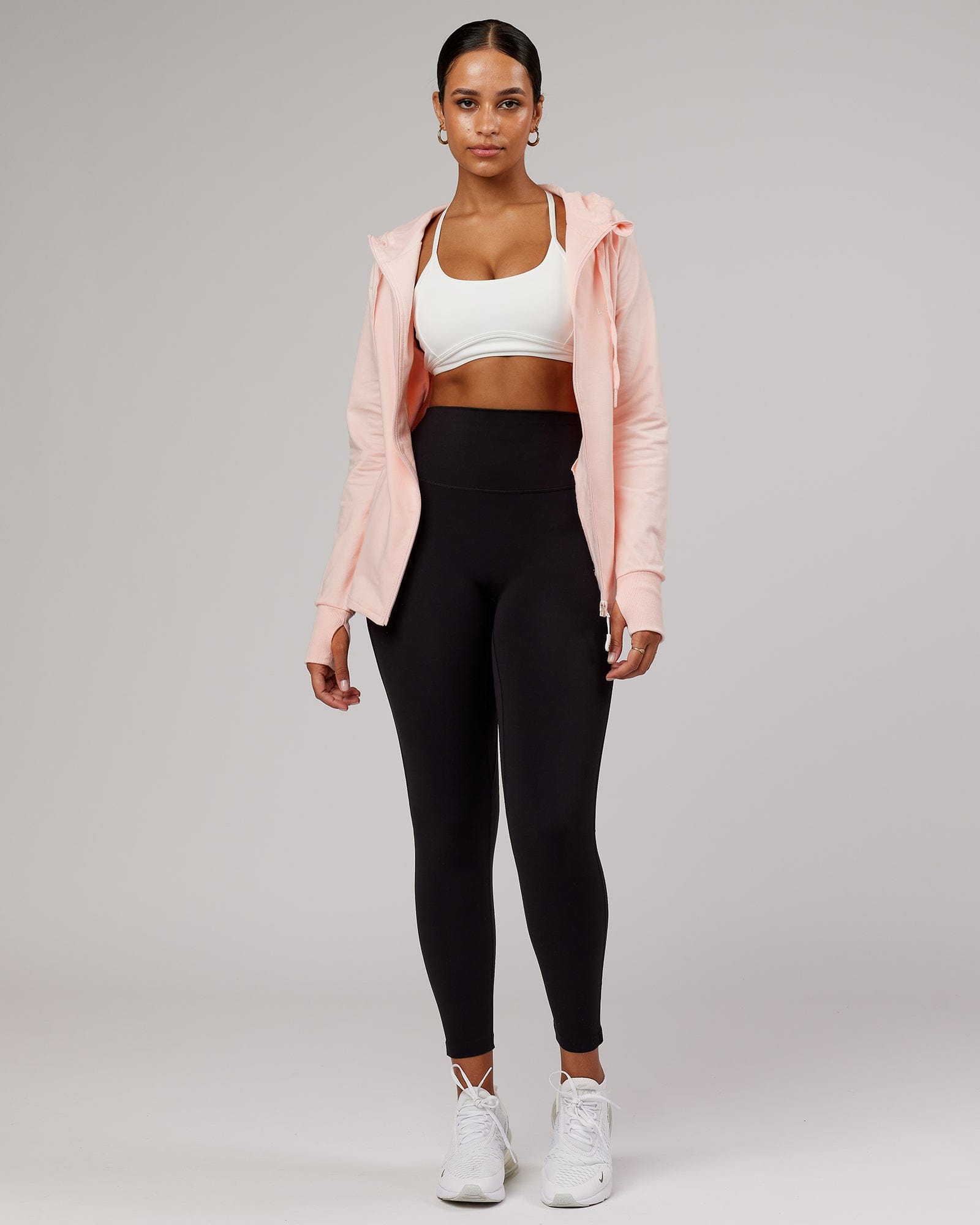 Model wearing PB Zip Through Hoodie - Pink-Tonal