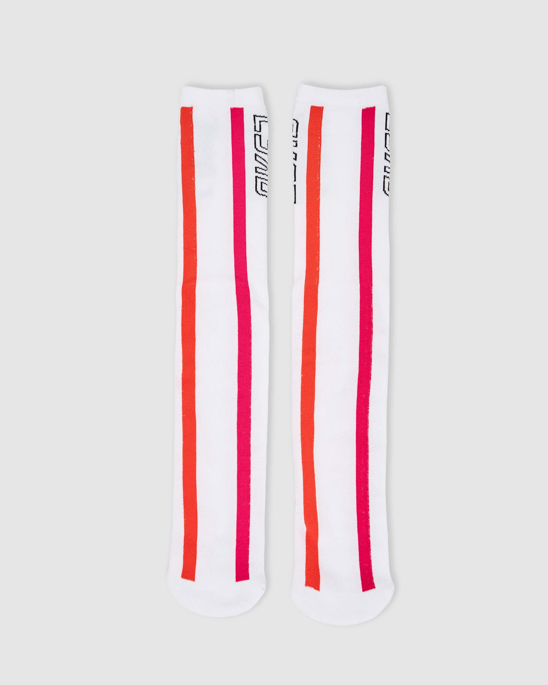 Model wearing Incline Crew Performance Sock - White-Fruit Punch